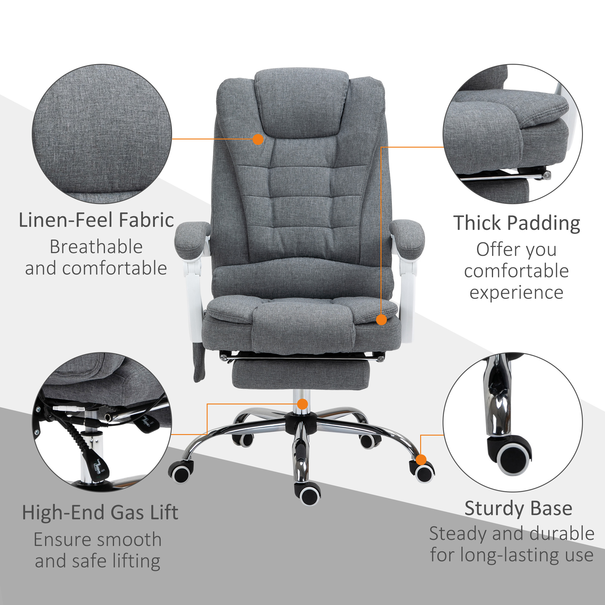 Vinsetto Heated 6 Points Vibration Massage Executive Office Chair Adjustable Swivel Ergonomic High Back Desk Chair Recliner with Footrest Grey 4