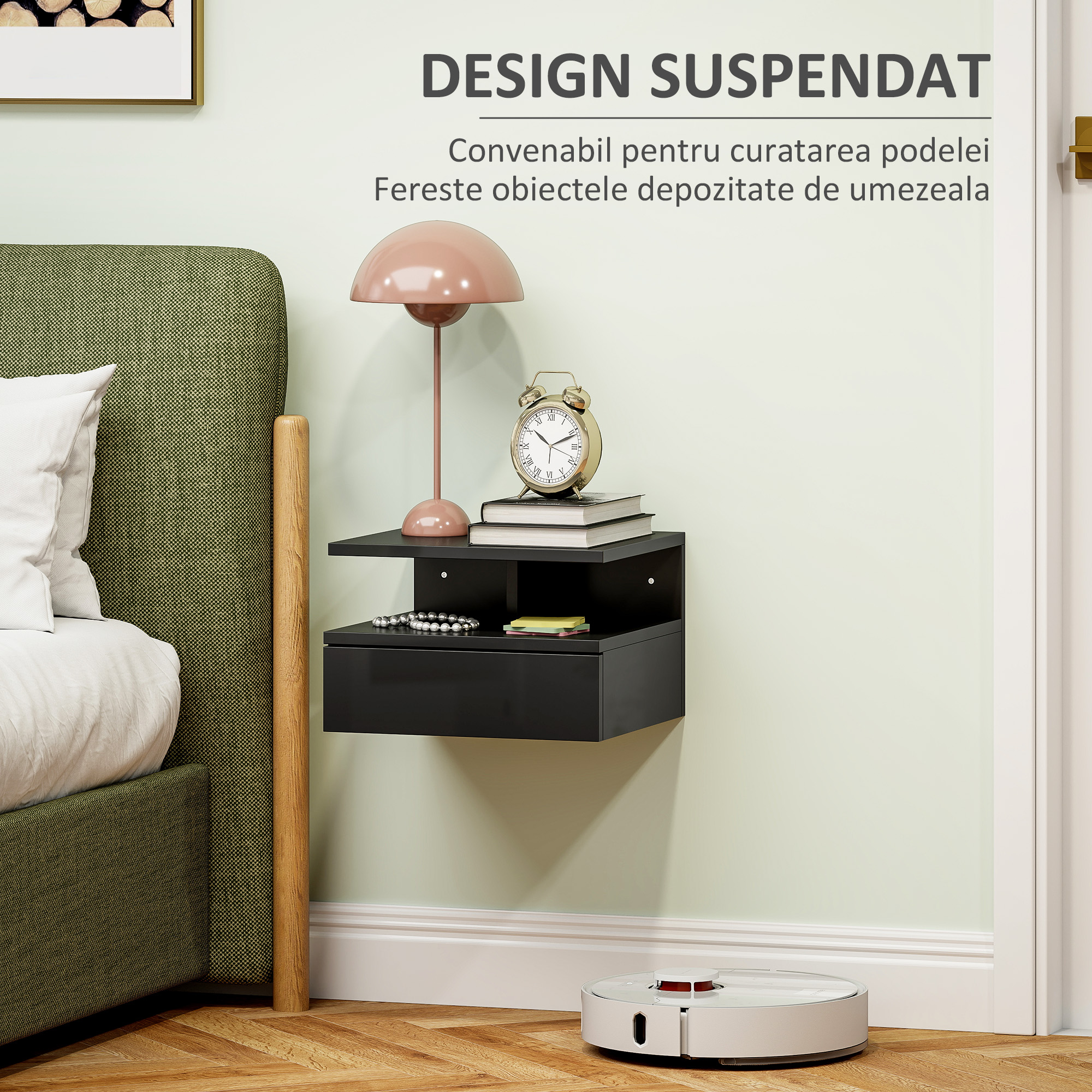  Noptiera Suspendata pentru Dormitor cu Sertar si Raft Deschis din Lemn, 35x32x22,5 cm, Negru Lucios [3]