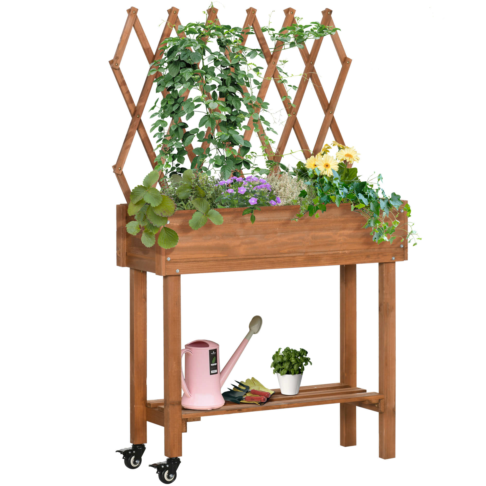 Outsunny kweektafel, verhoogd bloembed, duurzaam met traliewerk, wielen voor gemakkelijke verplaatsing, 80 x 40 x 80 cm, houtkleur | Aosom.nl