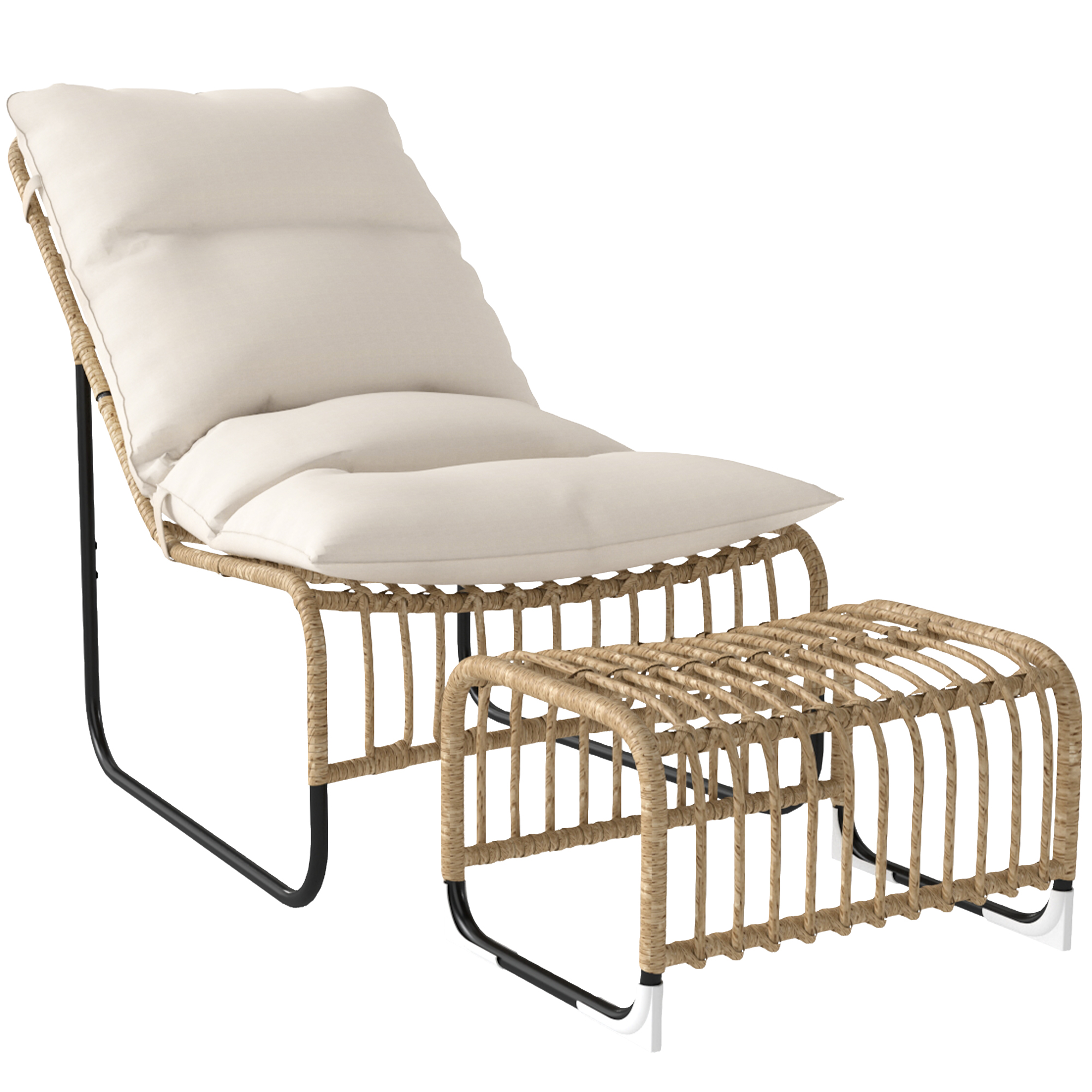 Outsunny Sillón de Exterior con Reposapiés, Cojín Acolchado y Estructura de Acero con Ratán Sintético Duradero 93x65x80 cm Beige
