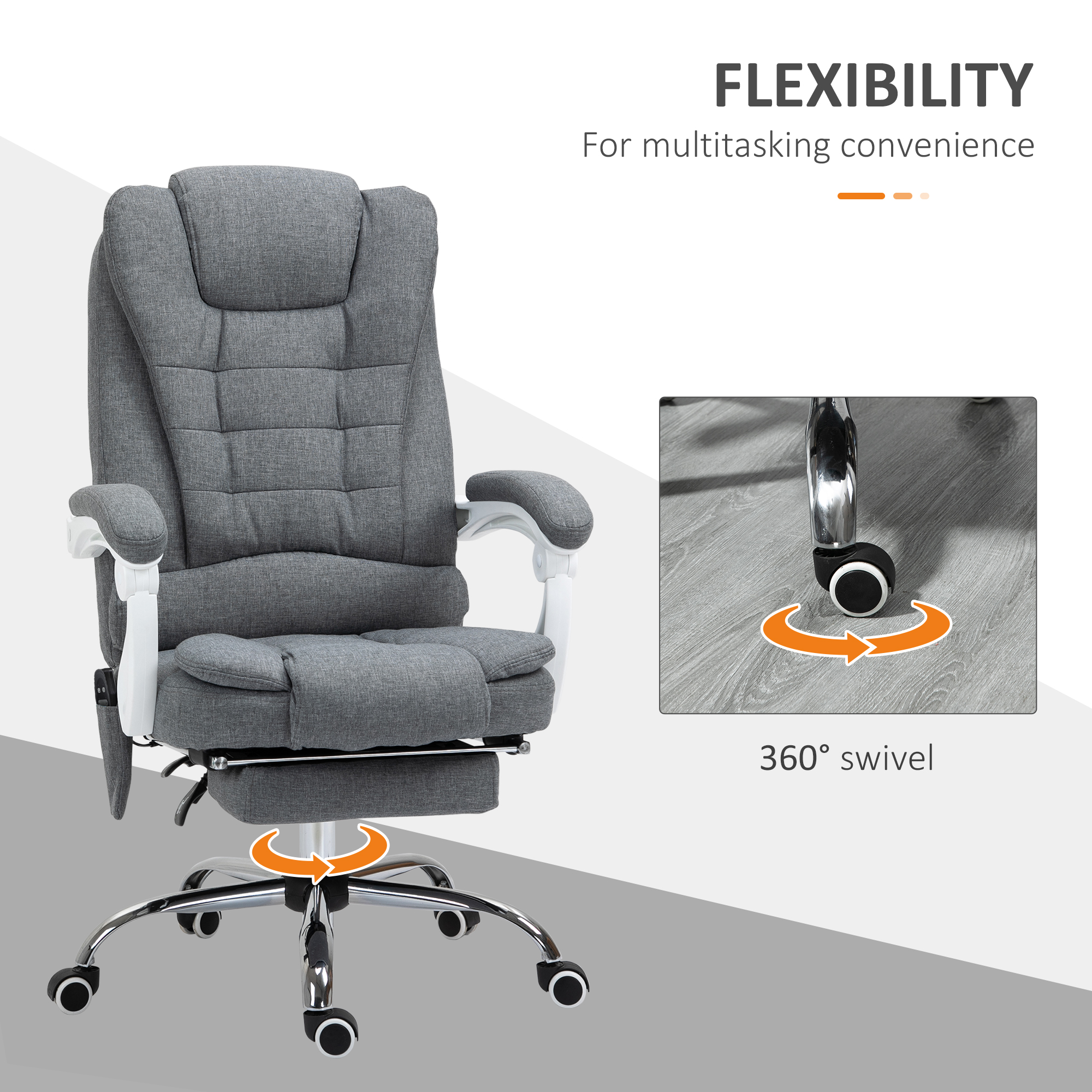 Vinsetto Heated 6 Points Vibration Massage Executive Office Chair Adjustable Swivel Ergonomic High Back Desk Chair Recliner with Footrest Grey 8