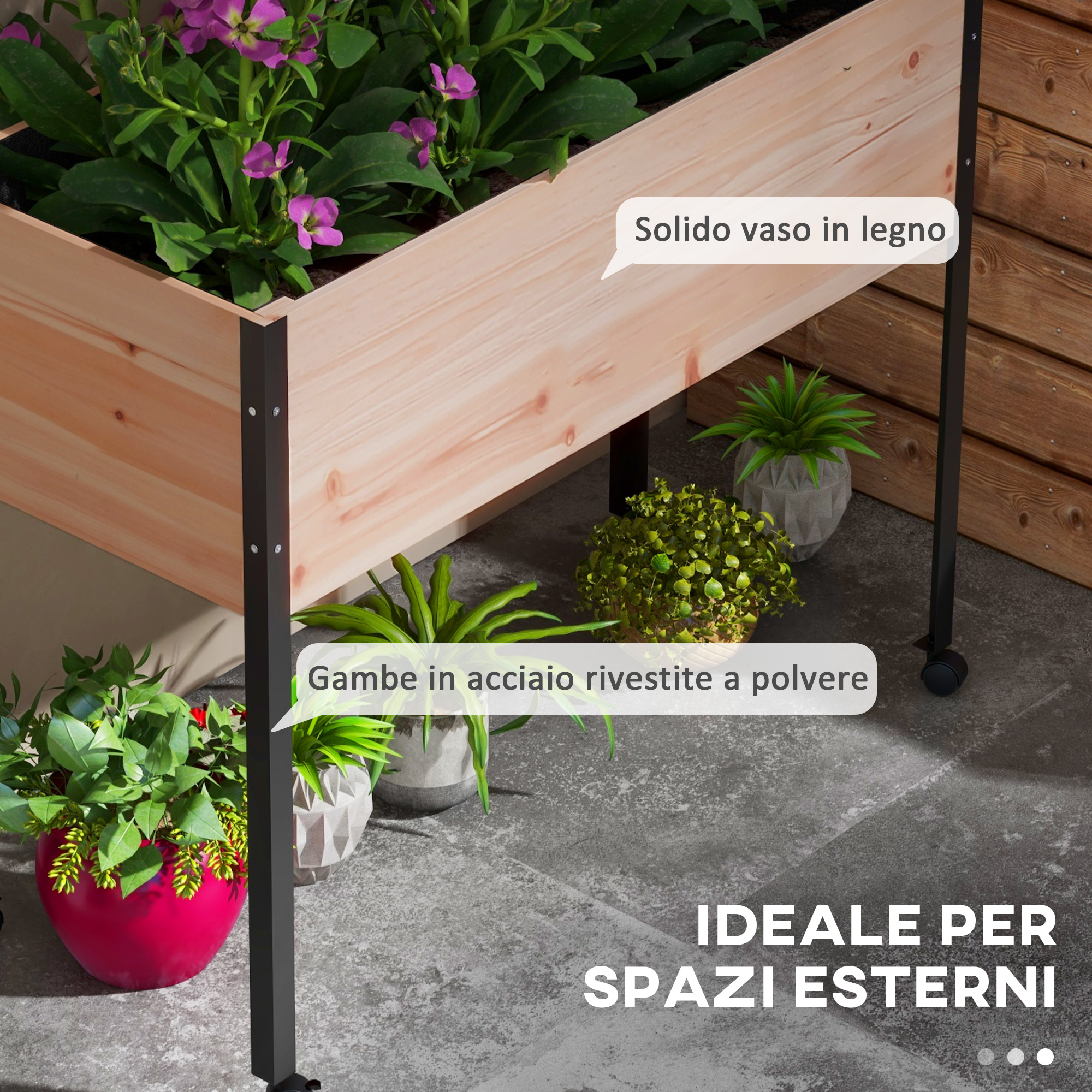 Outsunny Fioriera Rialzata Con Ruote - Vaso Da Giardino 100 Litri, Legno E Acciaio, 99x42x81 Cm