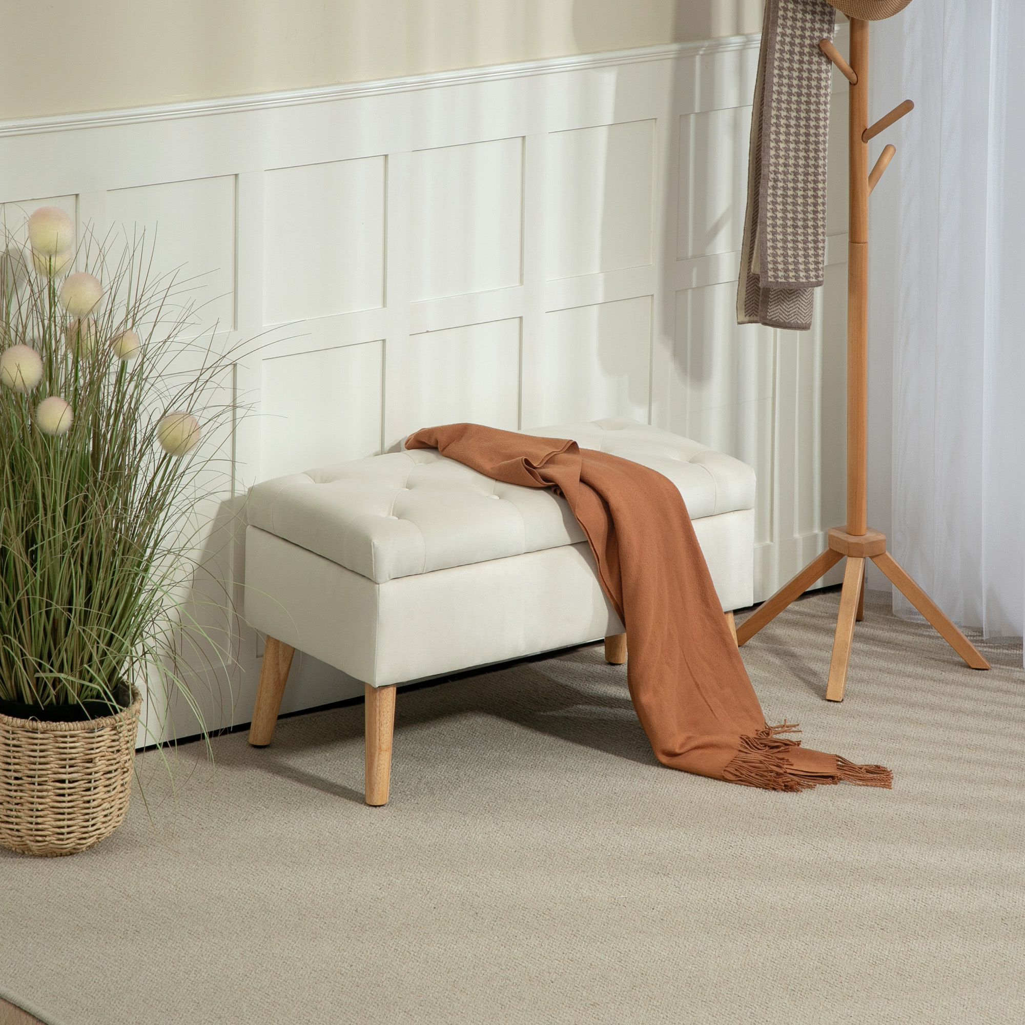 Banc Coffre De Rangement Yaheetech – Tissu, Repose-pieds, Capacité 136kg, MDF, Neuf