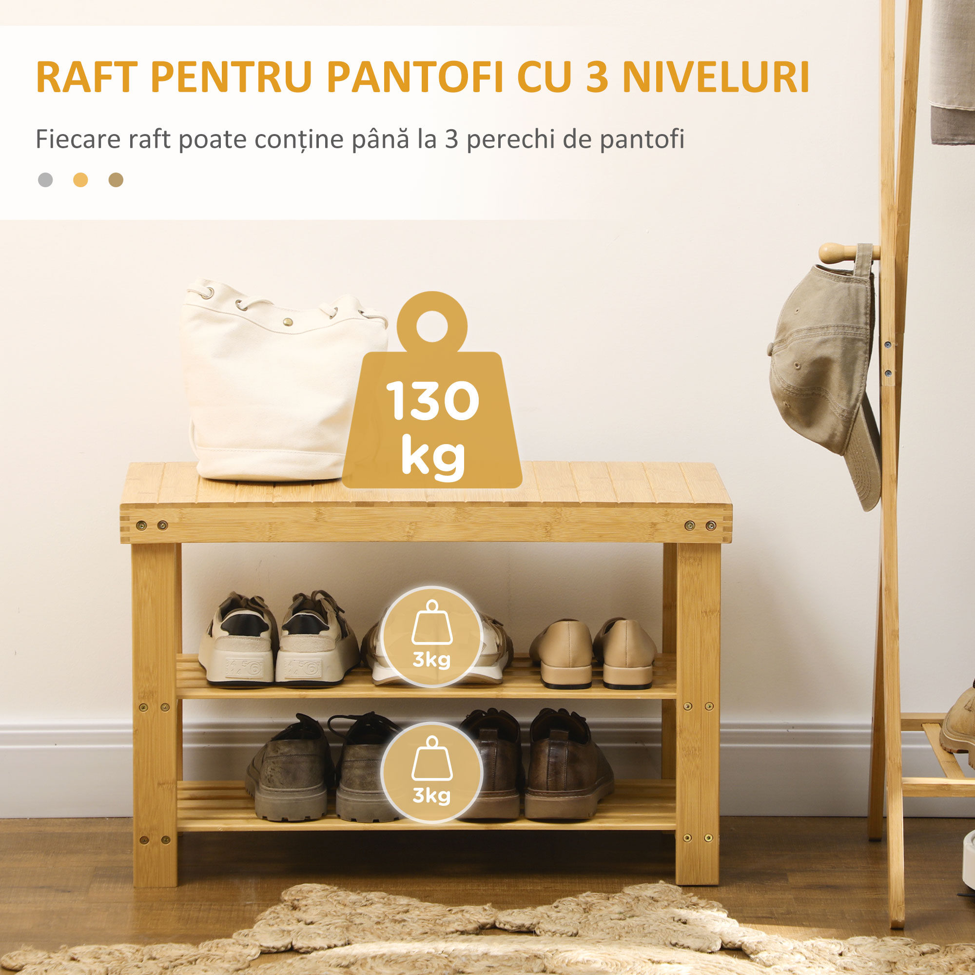  Pantofar tip Bancuta pentru Hol cu 3 Niveluri, 70x28x45 cm, Lemn natural [3]