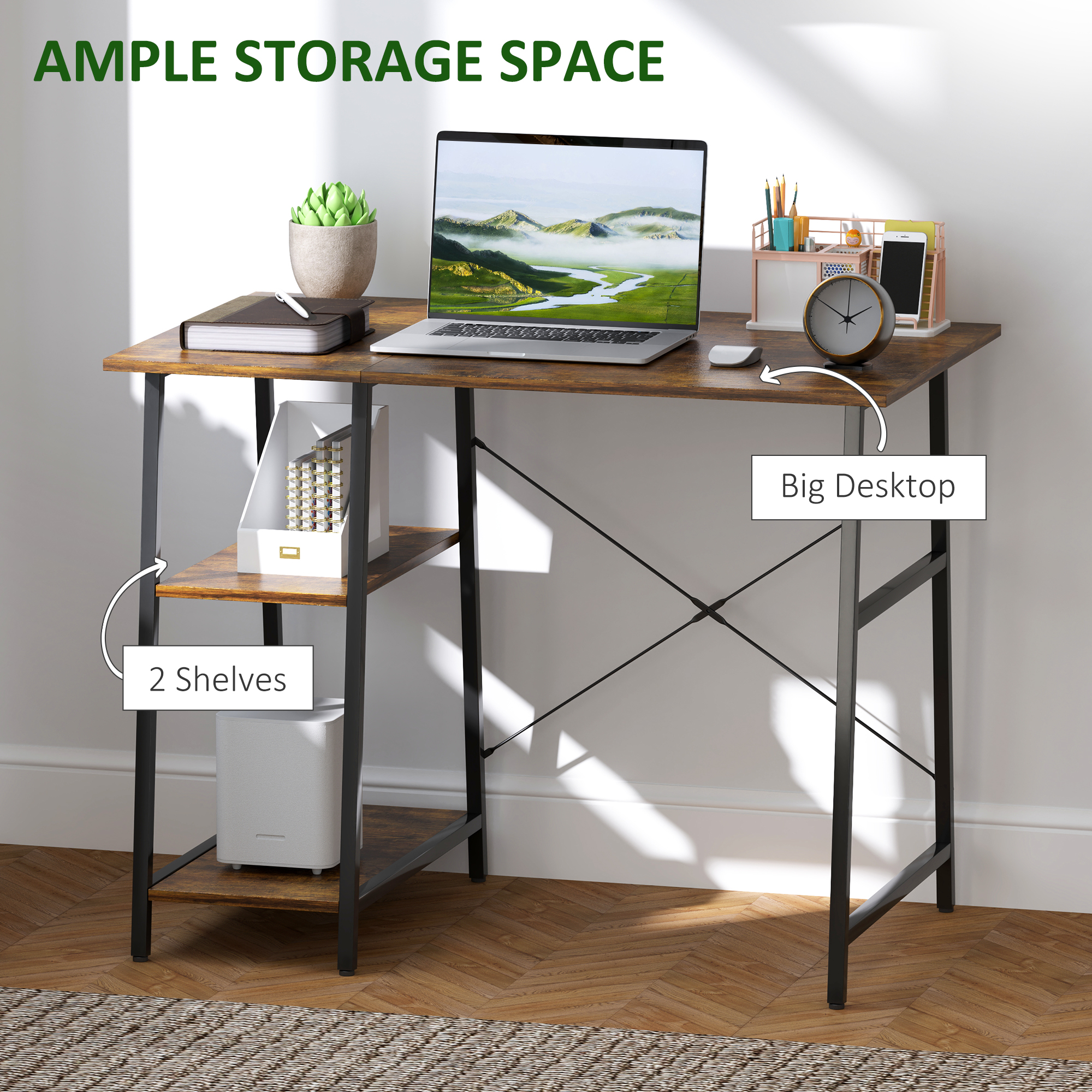 HOMCOM 100cm Computer Desk with Storage, Industrial Home Office Desk with 2 Tier Shelves and Steel Frame, Computer Table for Study Room, Rustic Brown 4