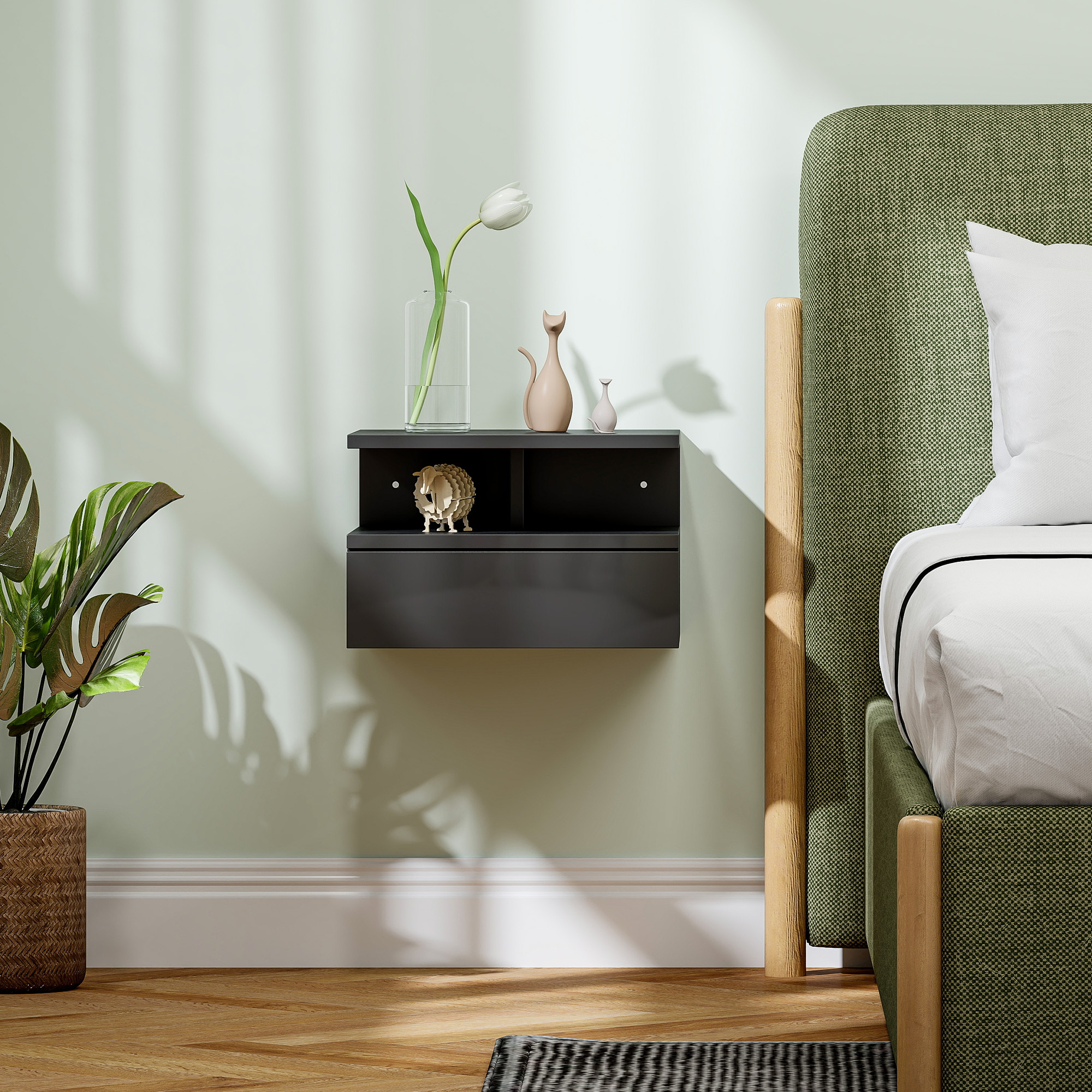  Noptiera Suspendata pentru Dormitor cu Sertar si Raft Deschis din Lemn, 35x32x22,5 cm, Negru Lucios [5]