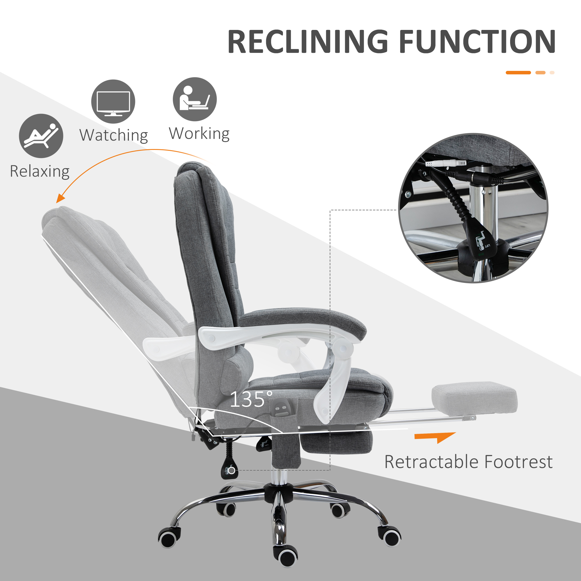 Vinsetto Heated 6 Points Vibration Massage Executive Office Chair Adjustable Swivel Ergonomic High Back Desk Chair Recliner with Footrest Grey 6