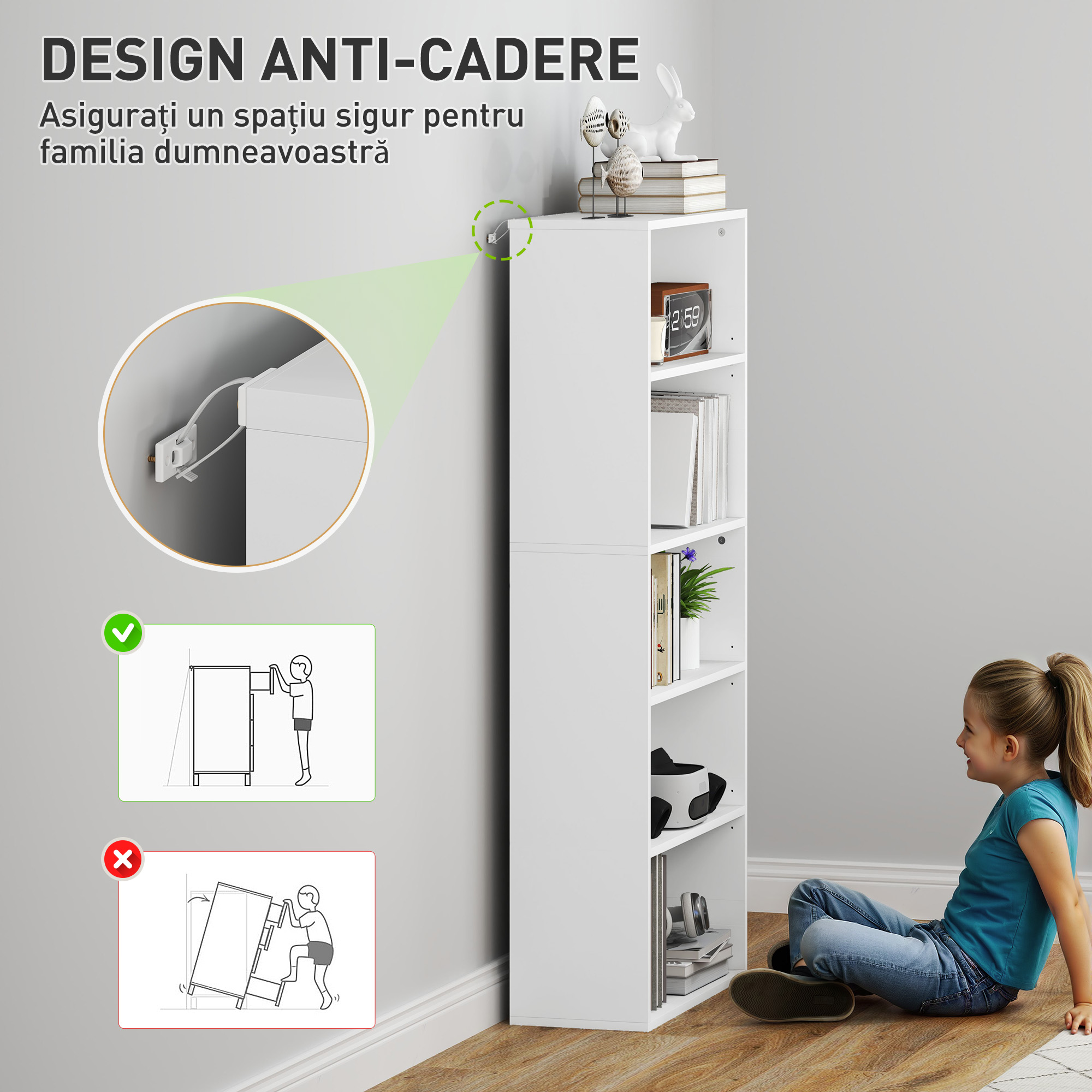  Biblioteca cu 5 Niveluri si Rafturi Ajustabile, 60x24x133,5 cm, Alb [5]