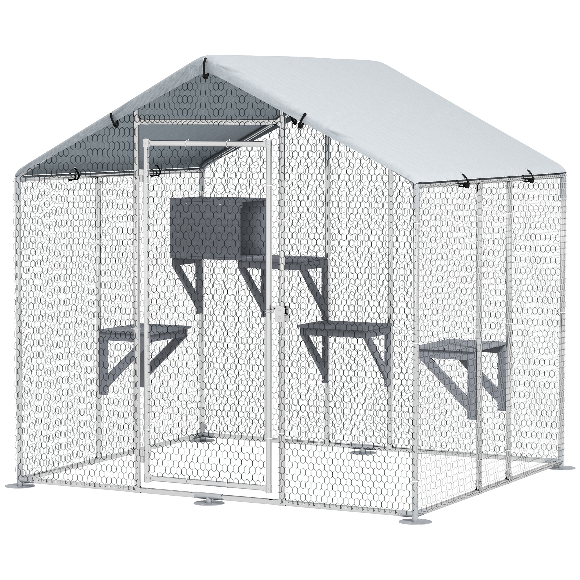 PawHut Refugio Exterior Grande para Gatos Jaula de Acero Galvanizado con Techo Impermeable para 5 Gatos 200x170x195 cm Plateado