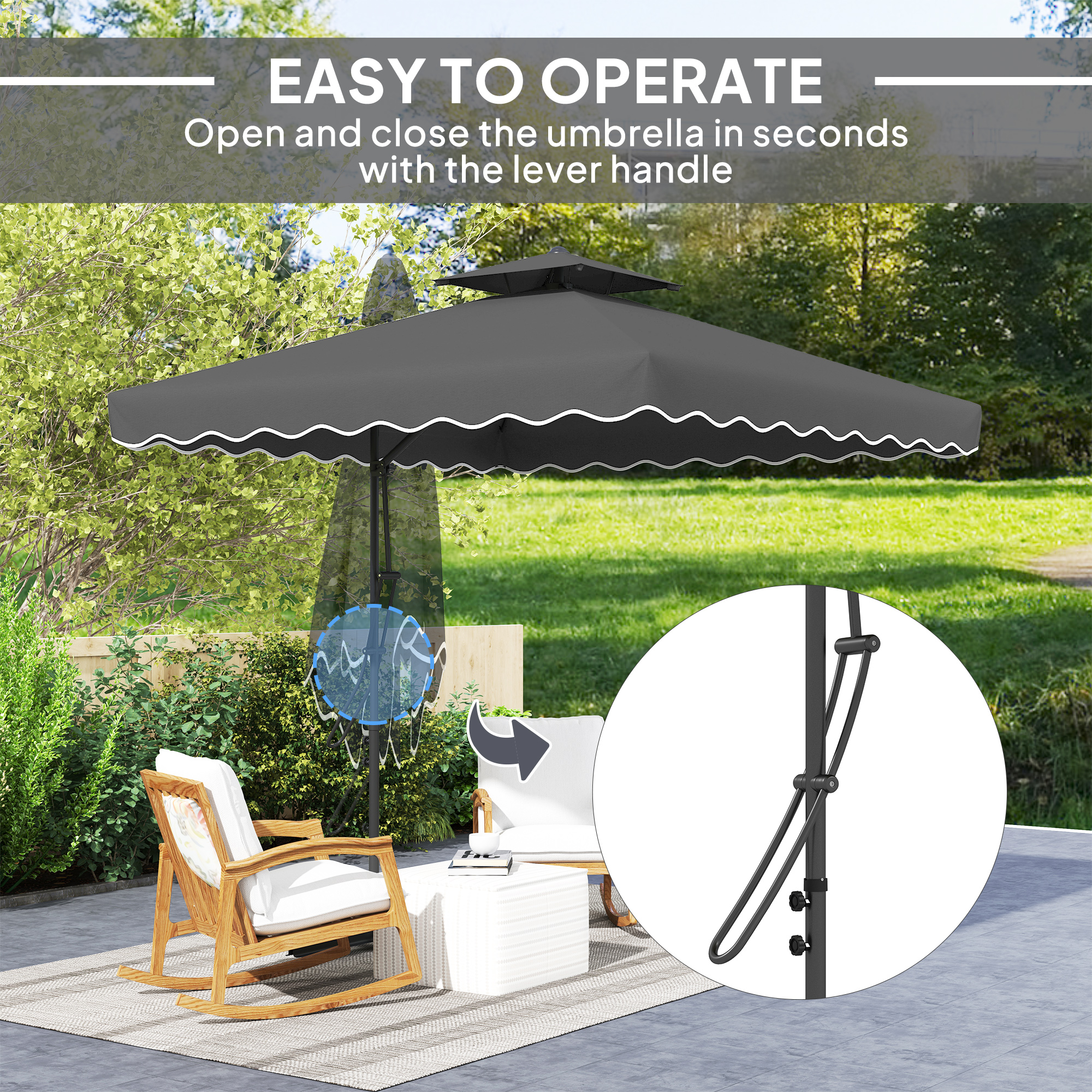 Outsunny 2.5m Cantilever Parasol with Easy Lever, Square Double Top Garden Parasol Umbrella with Ruffles and Cross Base, Overhanging Outdoor Sun Shades, Black 4