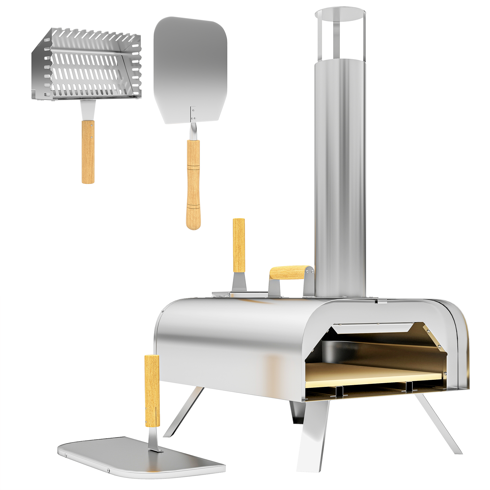 Outsunny Mini Horno de Leña para Pizza con Piedra Refractaria Pala y Patas Plegables para Camping y Exterior 79x36x75 cm Plata