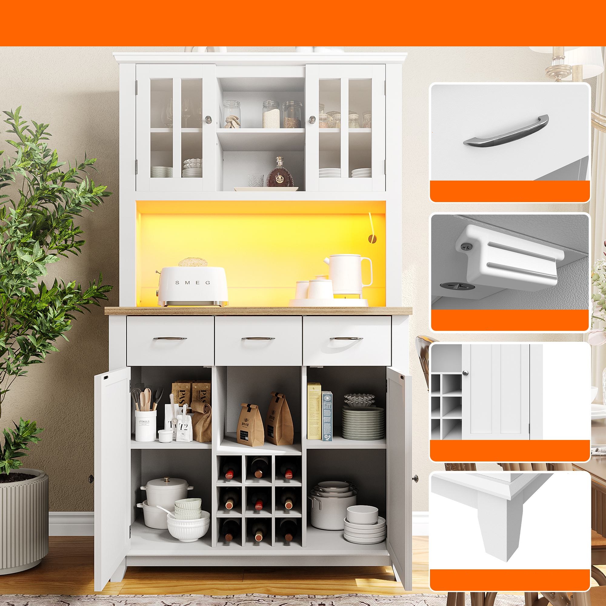 Armadio Da Cucina 100x40x180 Cm Con Luci LED, Prese USB E 6 Ante – Design Moderno Bianco/Naturale