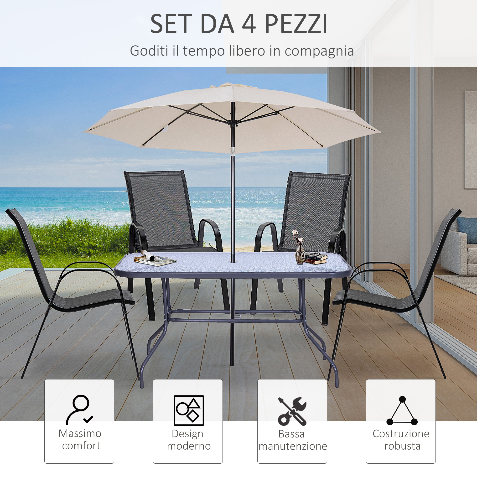 Outsunny Set 4 Sedie Da Giardino Impilabili, Textilene Traspirante, Struttura Acciaio, Con Braccioli, Marrone, 58x65x85 Cm