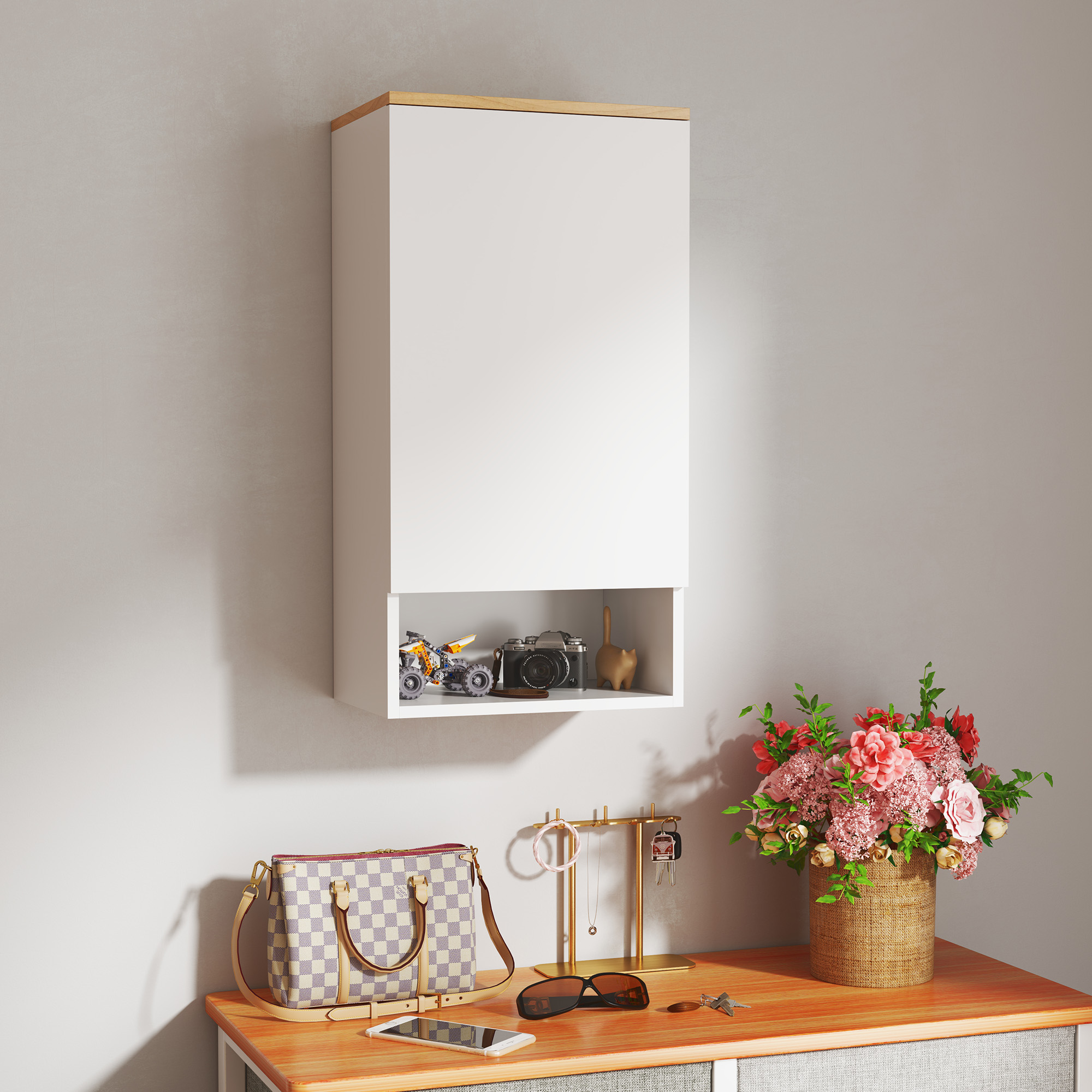 Armadietto da parete ovale per bagno con specchio, L48 X H60 X P15 cm