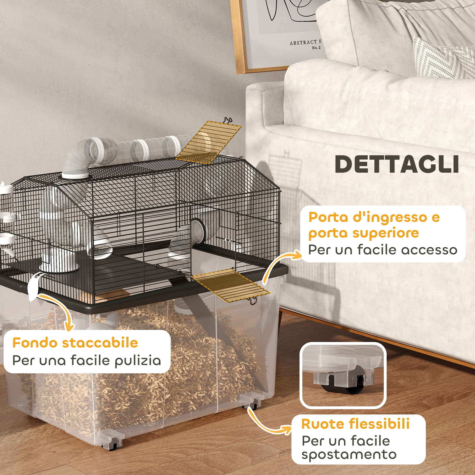 Gabbia Per Criceti A 2 Piani Con Tubi - 58x43x57cm Con Ruote, Ciotola E Bottiglia - Foto 4