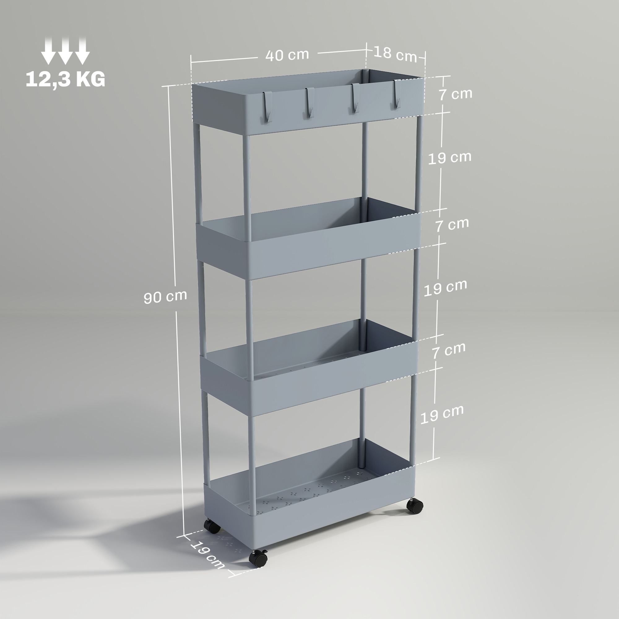 Köögikäru 4 riiuliga, 4 painduva konksuga, 4 rattaga, 40 cm x 19 cm x 90 cm, nišikäru, hall