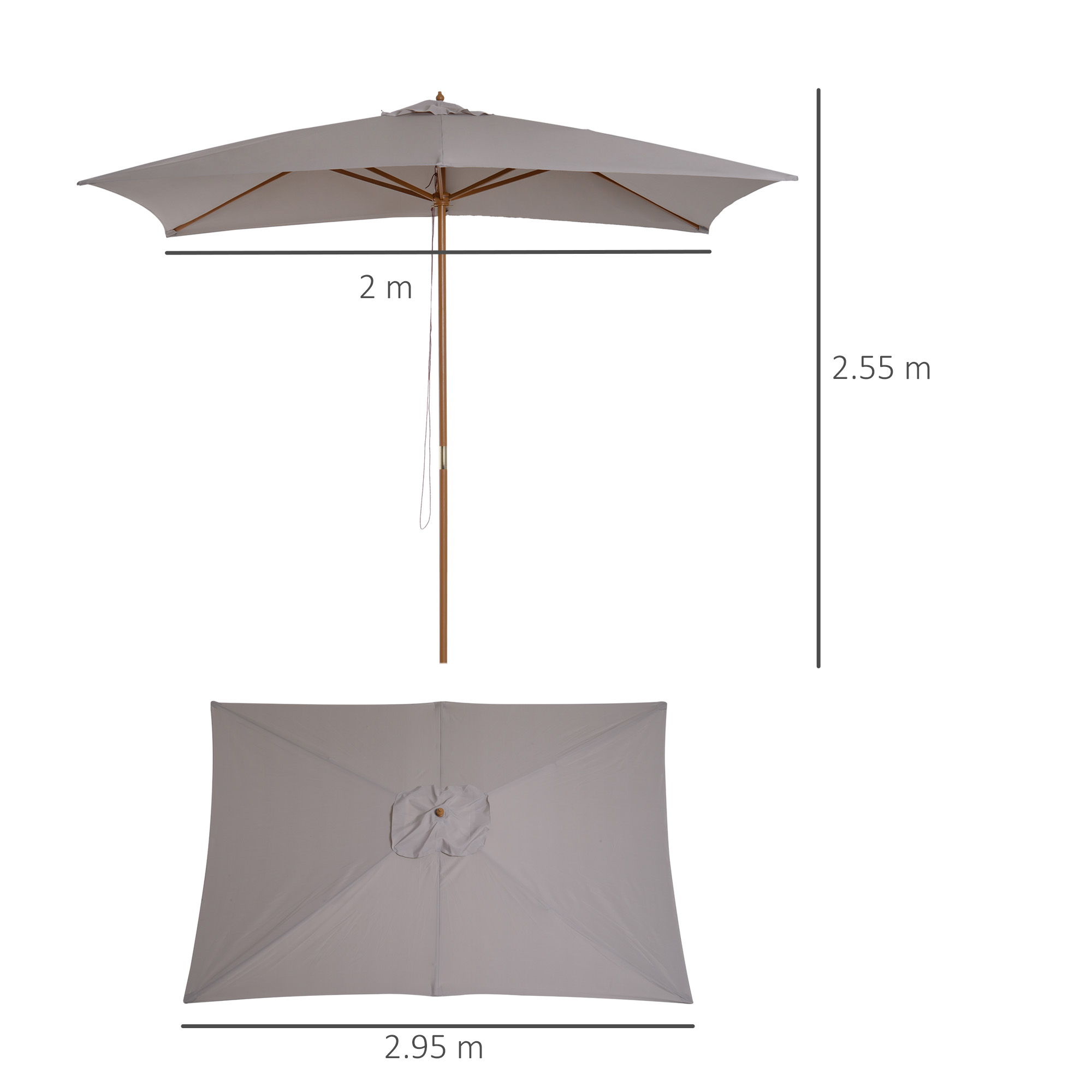 Outsunny 2 x 3m Wooden Garden Parasol Umbrella Outdoor Sun Shade Canopy, Table Market Umbrella with Vent, 38 mm Pole, Rope Pulley Mechanism, Light Grey 3