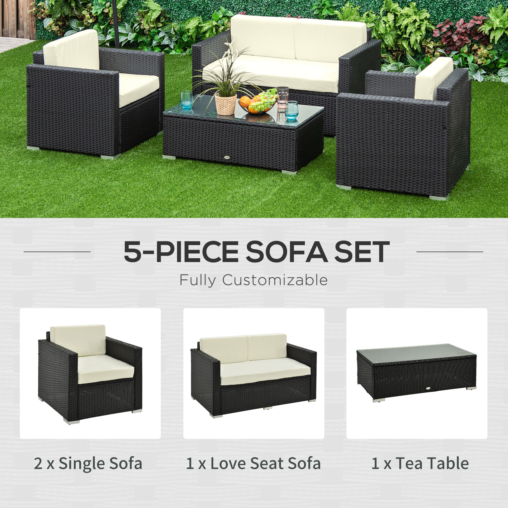 Outsunny 4-Seater Rattan Sofa Set Garden Rattan Furniture Wicker Steel Chair Seat Furniture Patio Rattan Garden Sofa Black 5