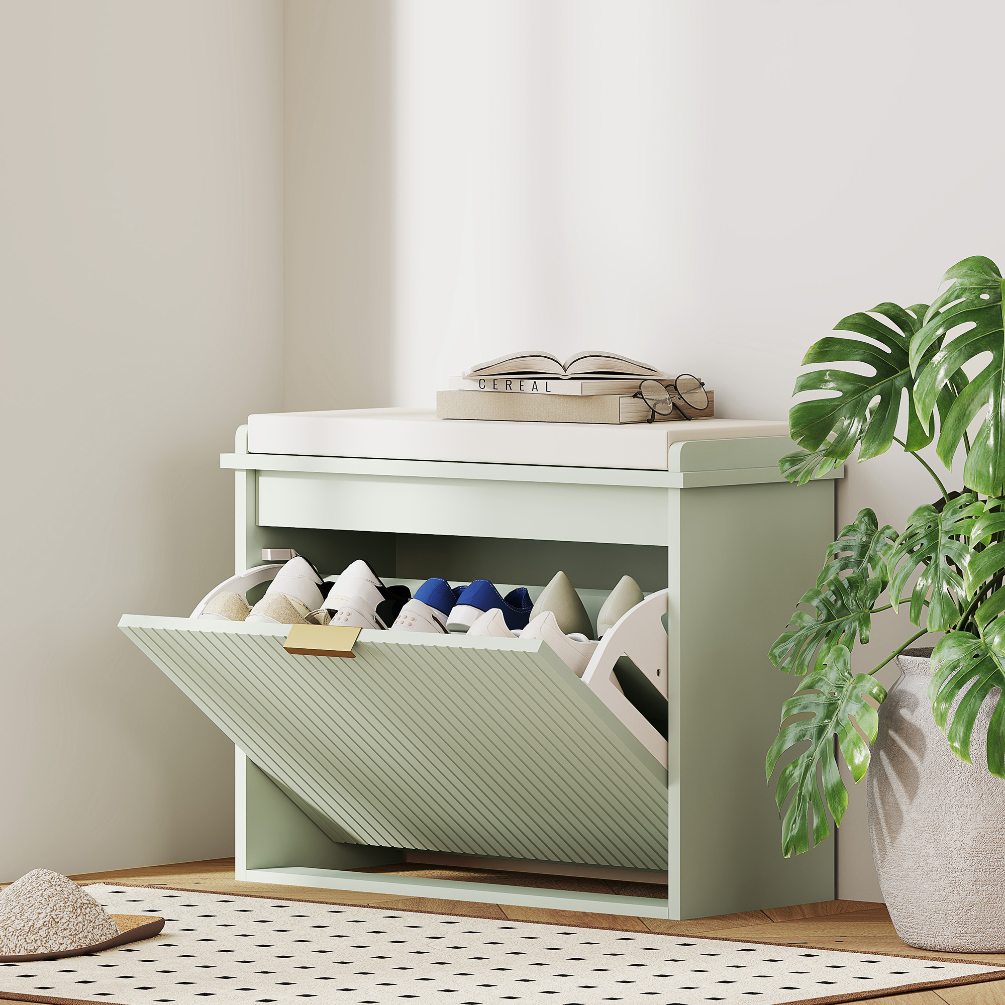 HOMCOM Elegant Six Shoe Bench, with Top Seat Green 2