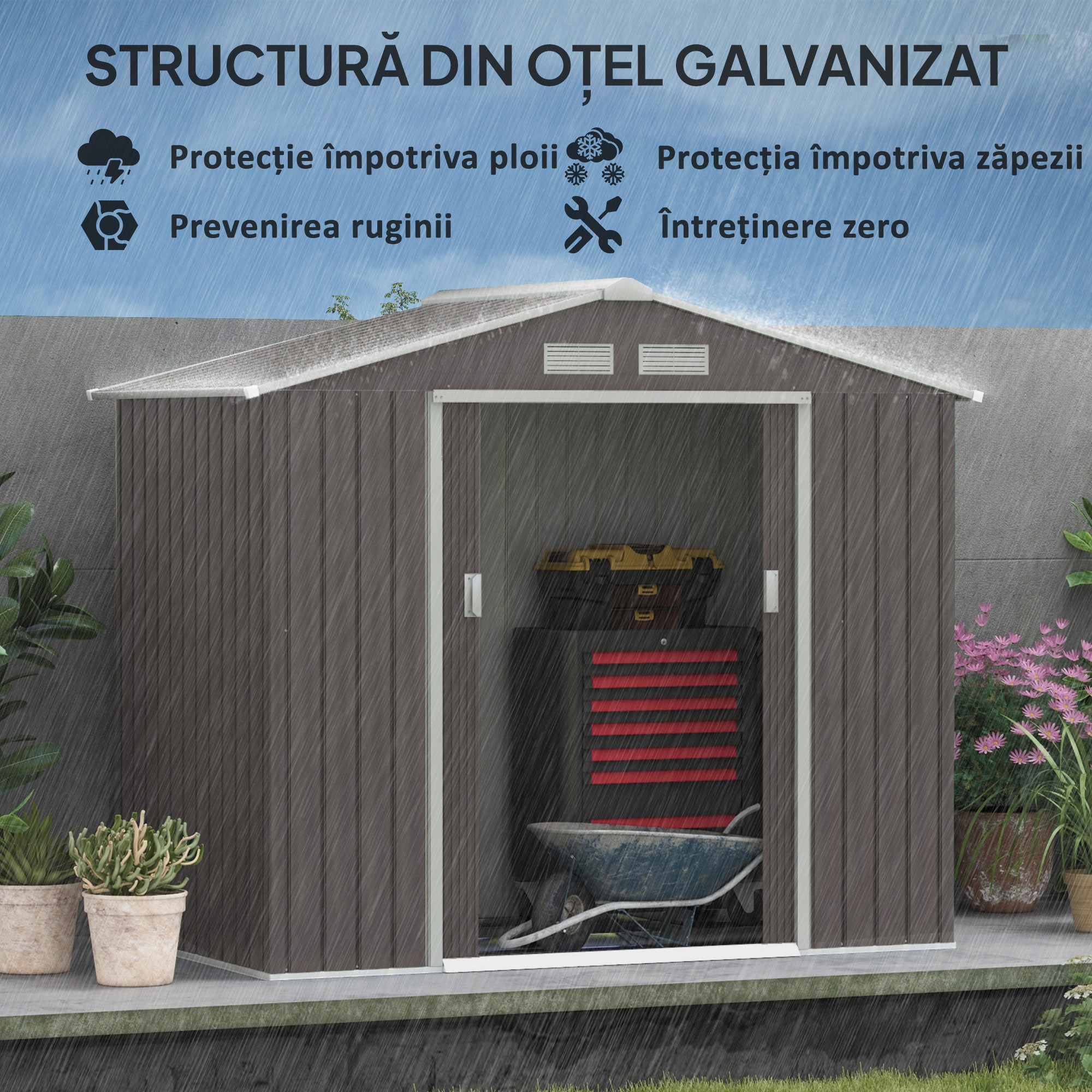  Magazie Gradina Metal cu Usi Glisante pentru Familie, 213x130x185 cm, Gri [4]