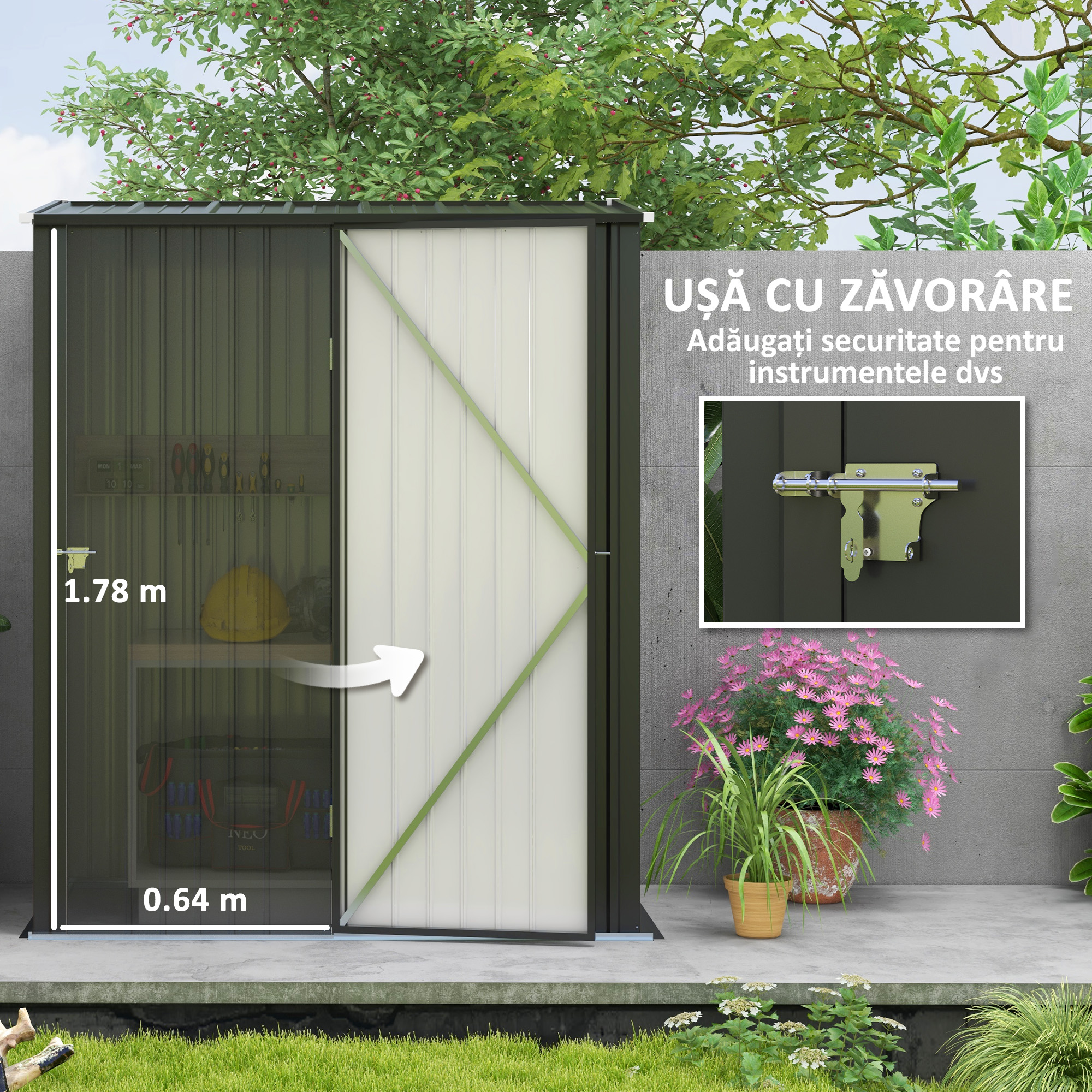  Magazie de Gradina Pentru Unelte din Tabla de Otel cu Zavor, 161.5x94.5x196cm, Negru [4]