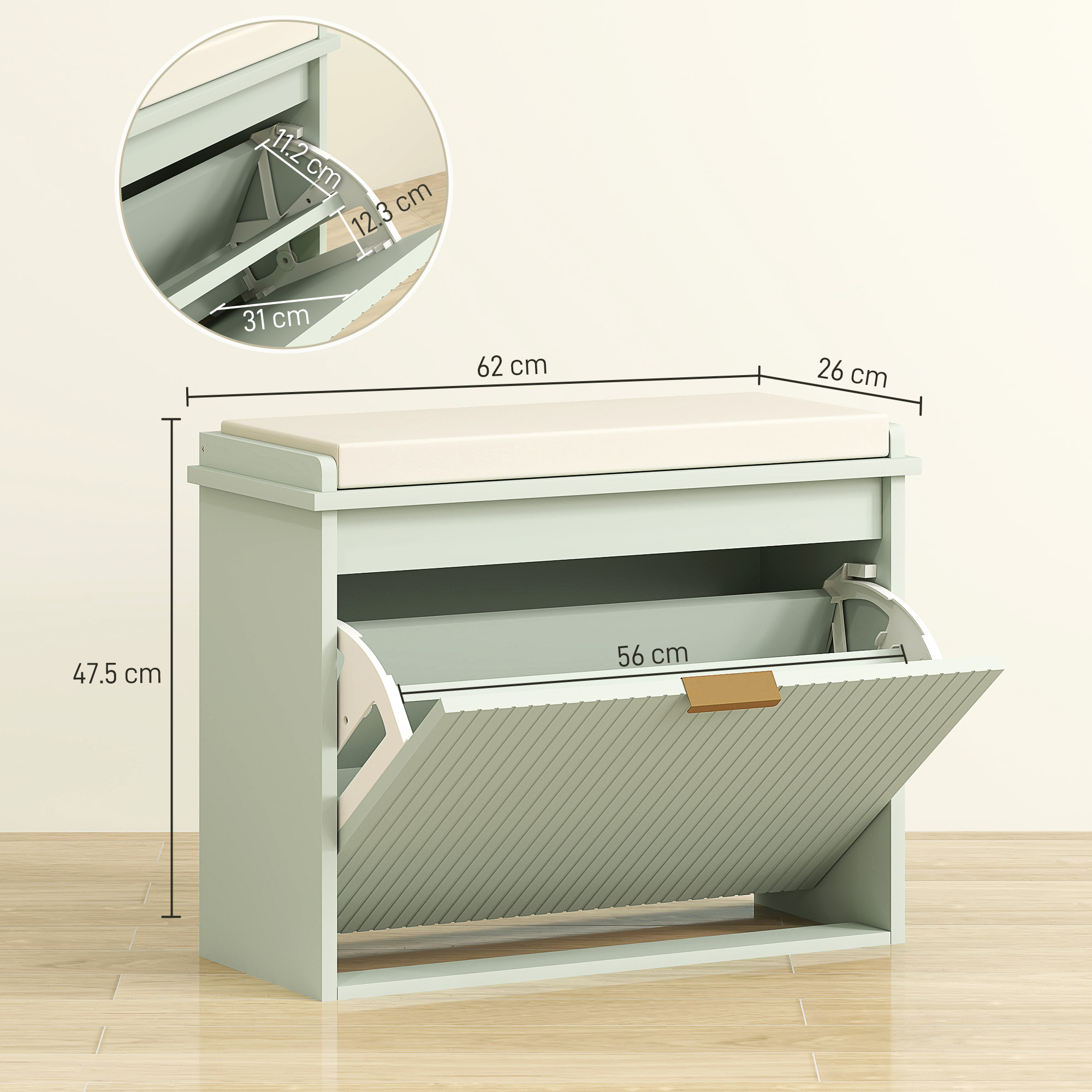 HOMCOM Elegant Six Shoe Bench, with Top Seat Green 3