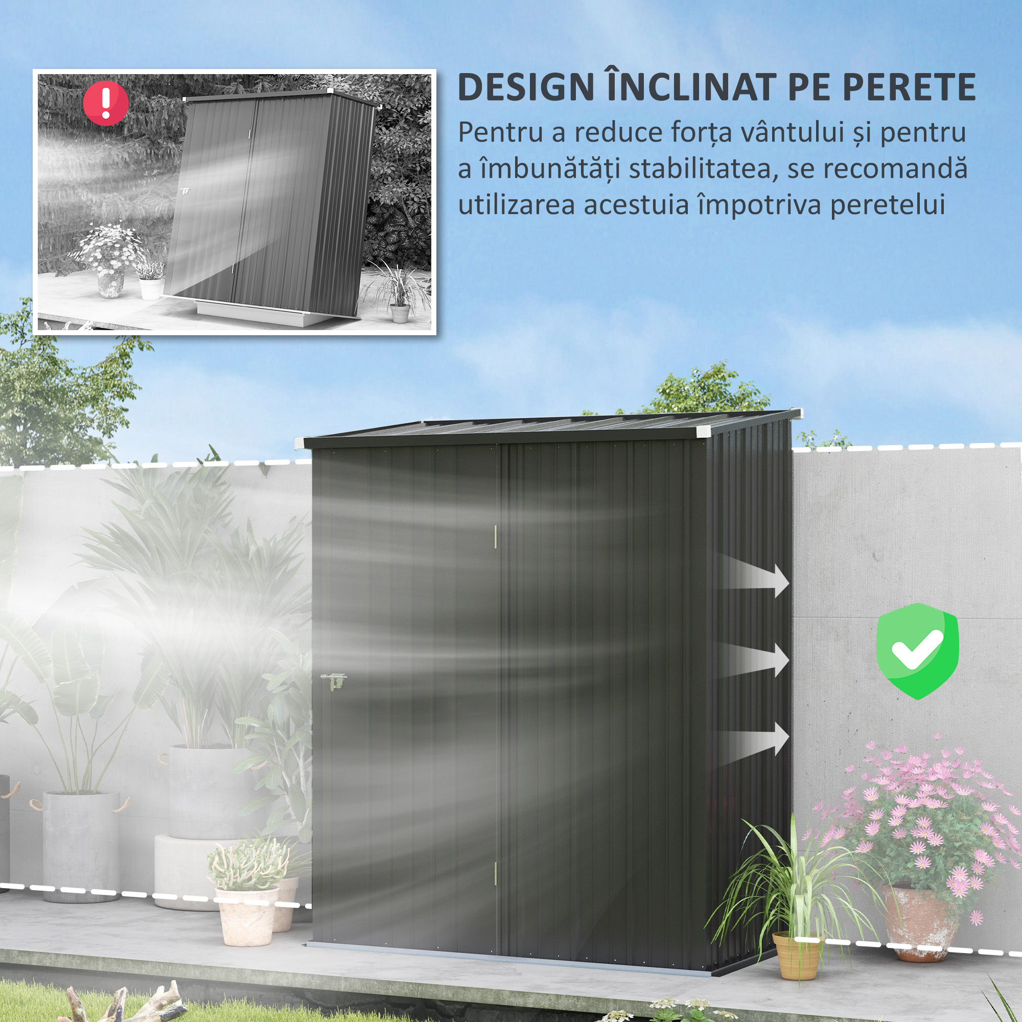  Magazie de Gradina Pentru Unelte din Tabla de Otel cu Zavor, 161.5x94.5x196cm, Negru [5]