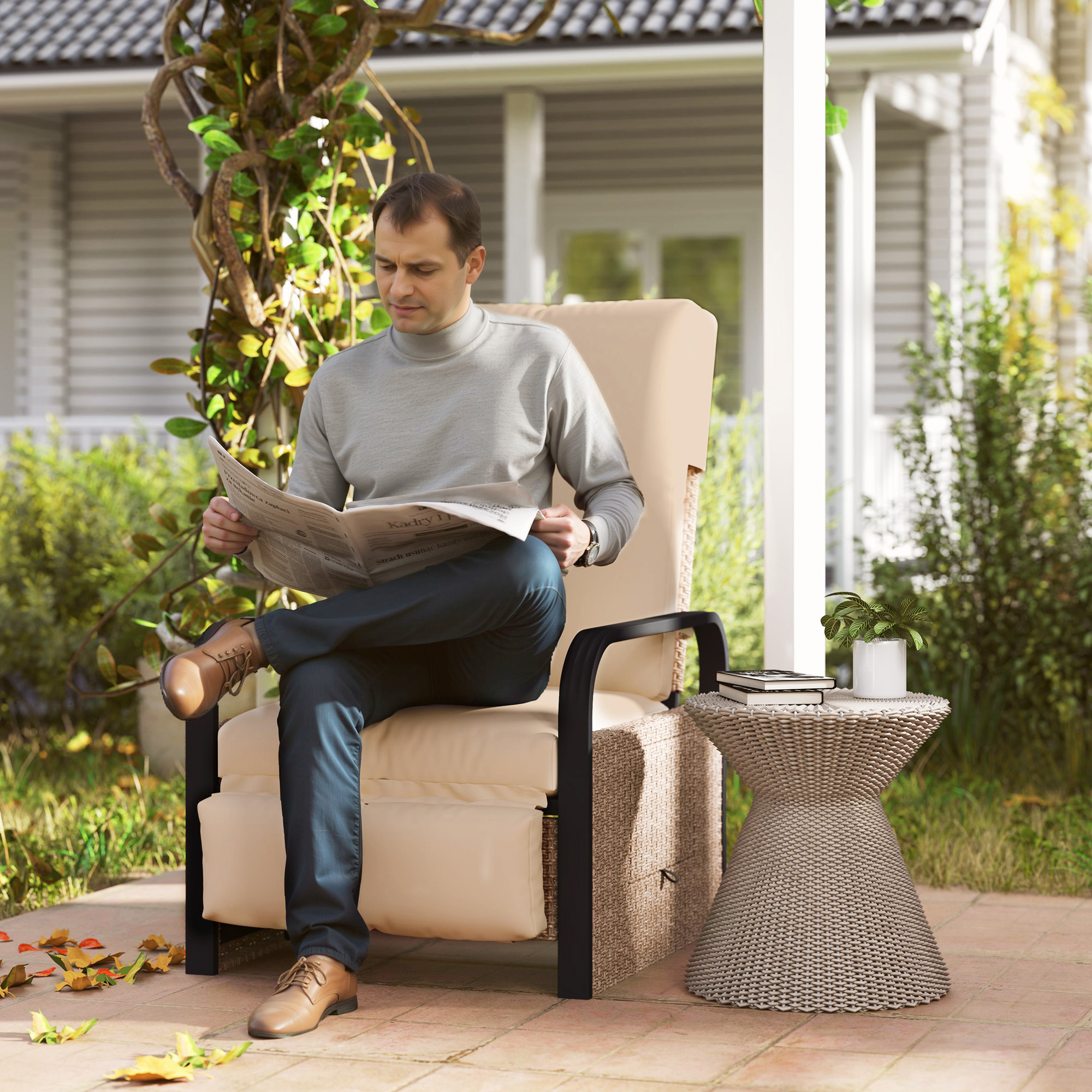 Outsunny 140° Reclining Rattan Armchair - Brown/Khaki