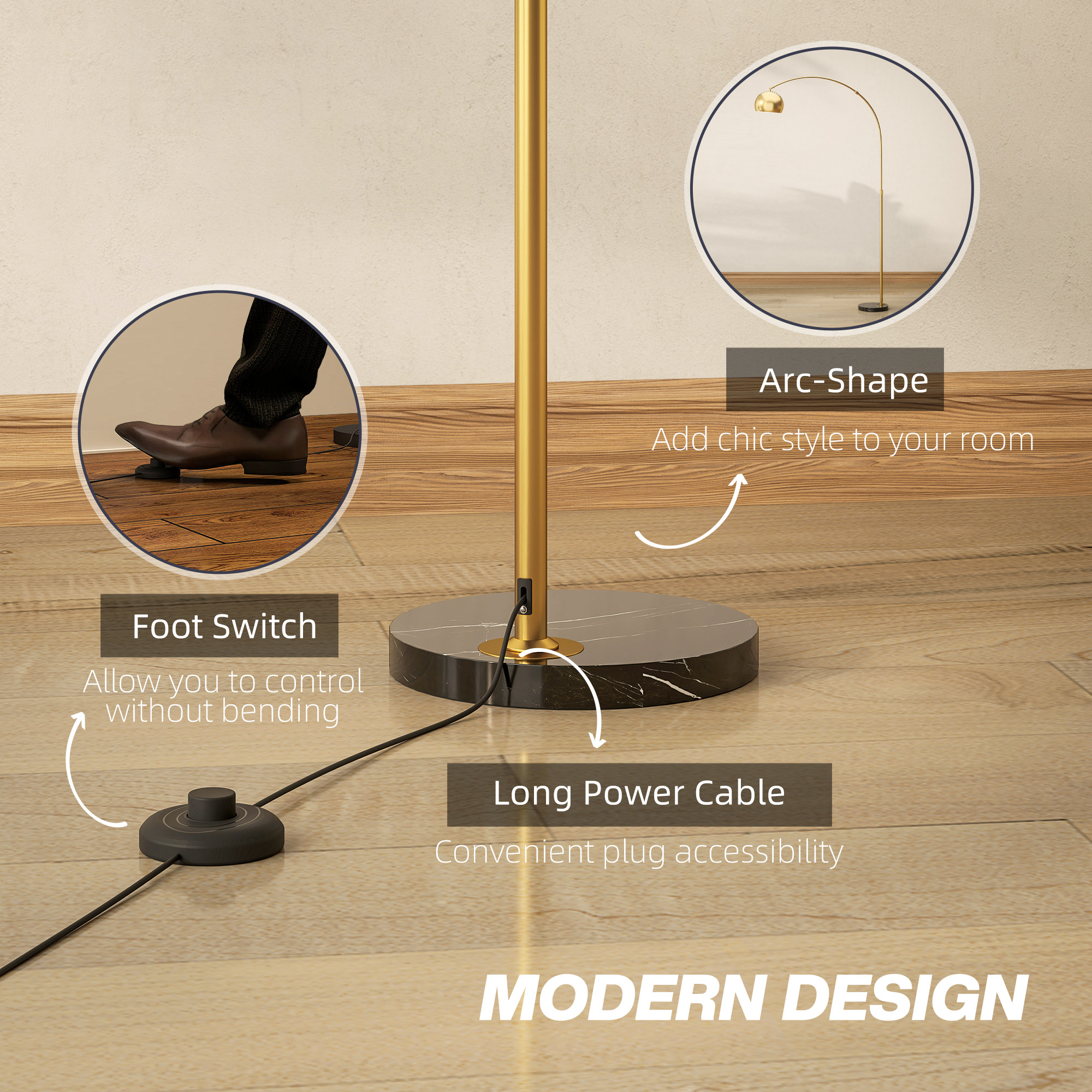 HOMCOM 180cm Arc Floor Lamp for Living Room, Modern Adjustable Standing Lamp with Foot Switch, Faux Black Marble Base and Bell Shade for Home Offices, Bedrooms, Gold Tone 4