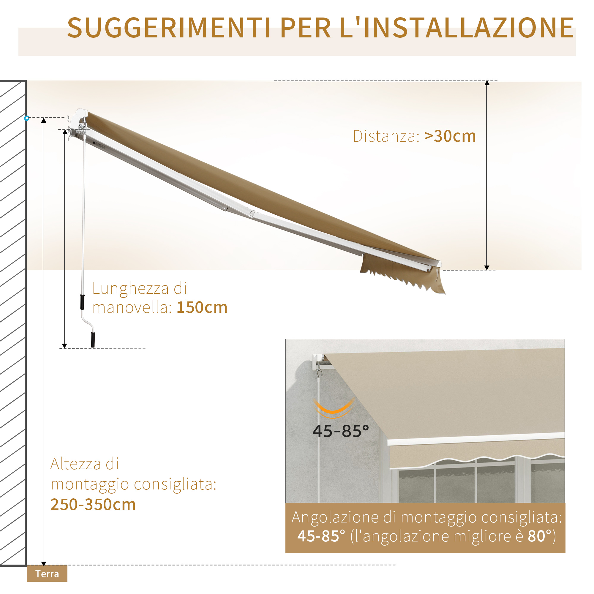 Tenda Da Sole Outsunny 4x2.5 M Con Braccio A Manovella - In Alluminio, Tessuto Poliestere 280g/m², Beige - Foto 4