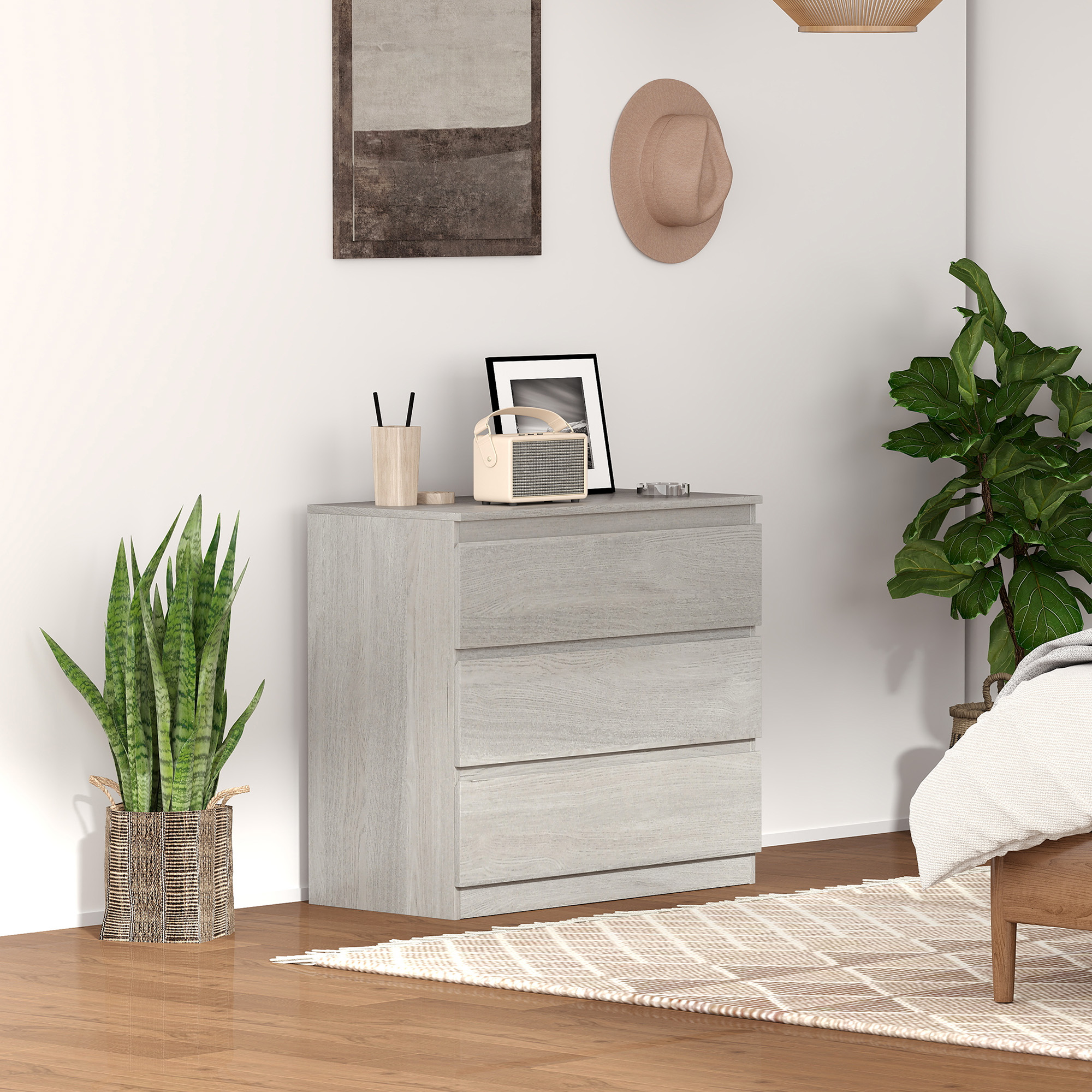 HOMCOM Chest of Three Drawers Grey Wood Effect 2