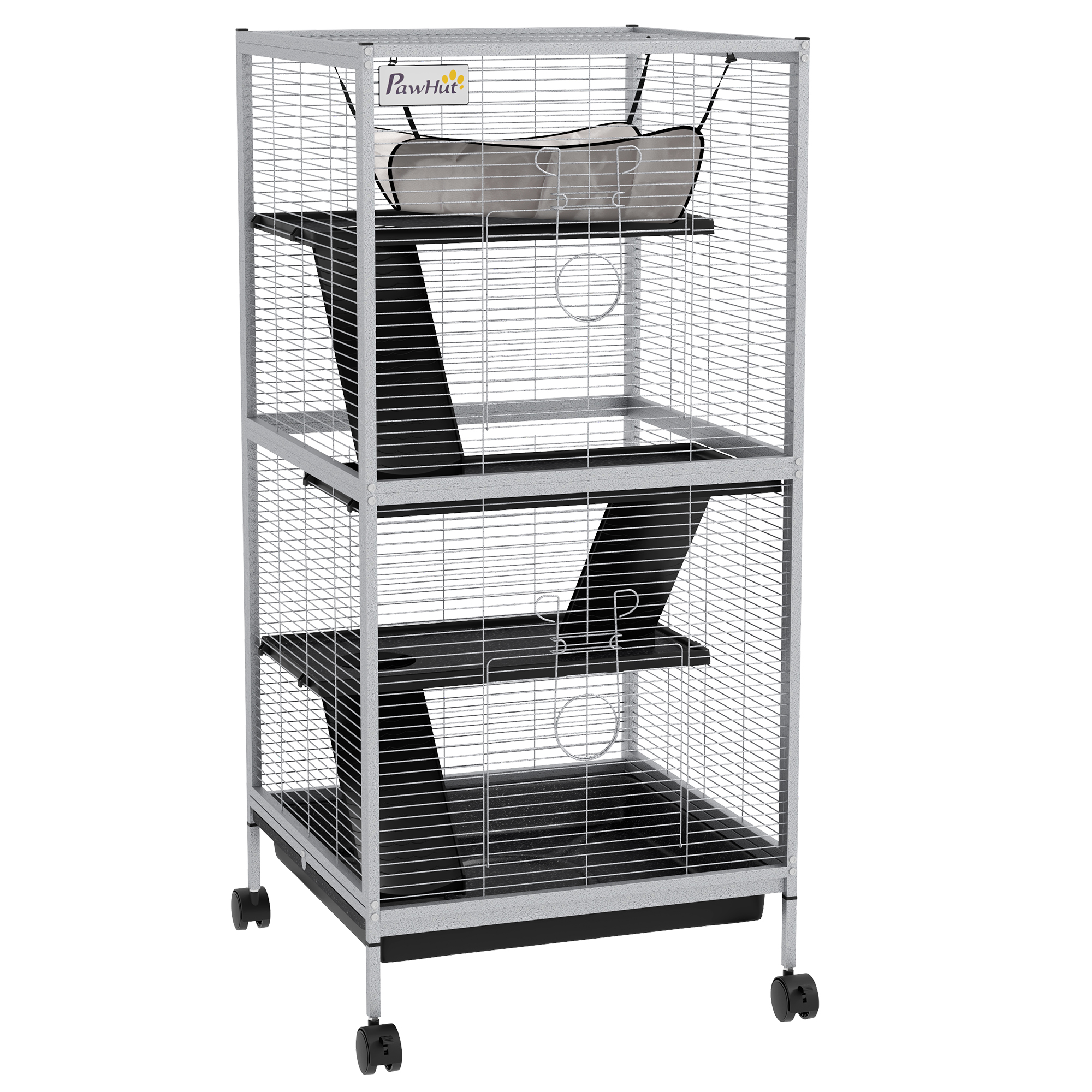 PawHut Small Animal Cage with Wheels Pet Home for Chinchillas Ferrets Kittens, with Hammock, 4 Platforms, Removable Tray, Silver