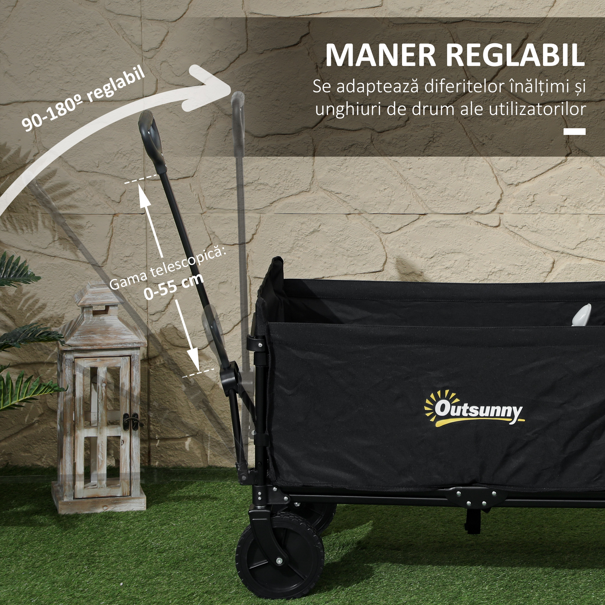  Carucior Pliabil pentru Gradina cu Roti si Maner Reglabil,  90x48x62 cm, Negru [7]