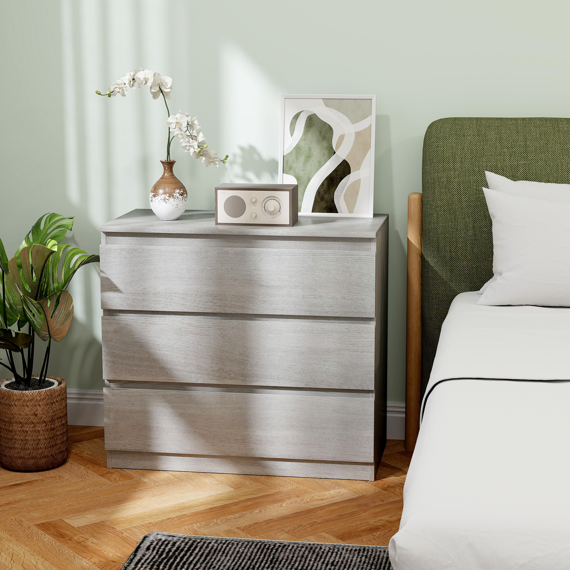 HOMCOM Chest of Three Drawers Grey Wood Effect 8