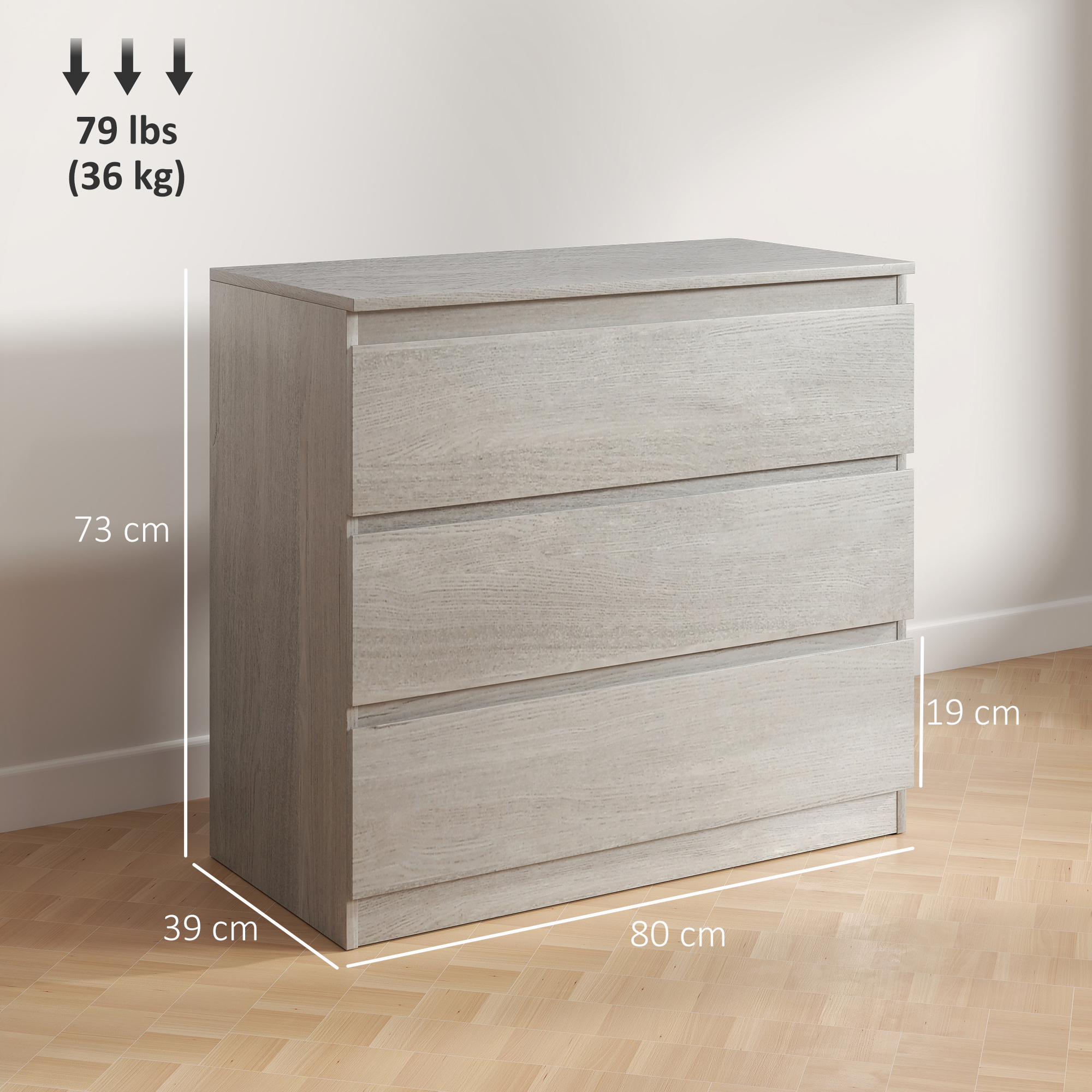 HOMCOM Chest of Three Drawers Grey Wood Effect 3