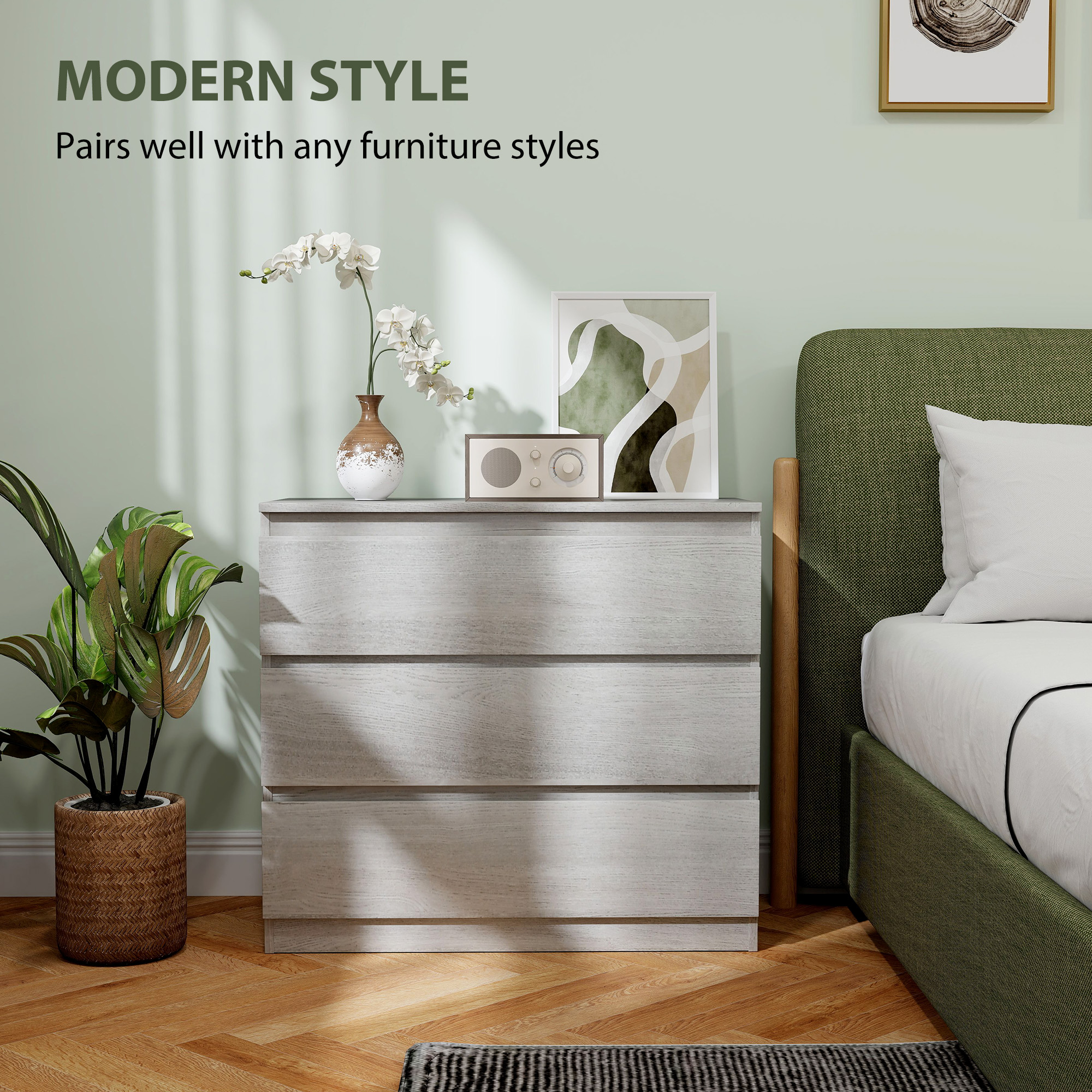 HOMCOM Chest of Three Drawers Grey Wood Effect 4