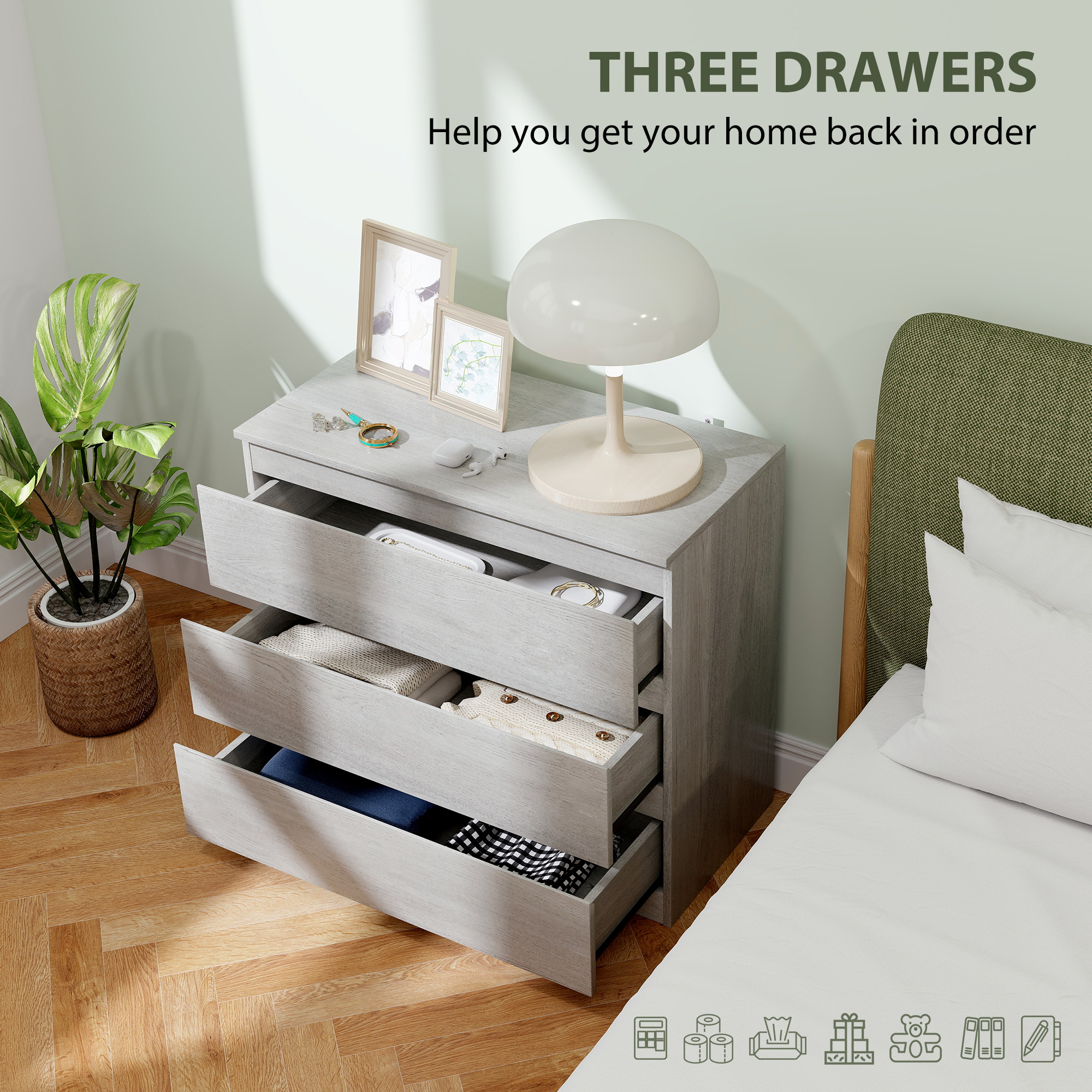 HOMCOM Chest of Three Drawers Grey Wood Effect 5