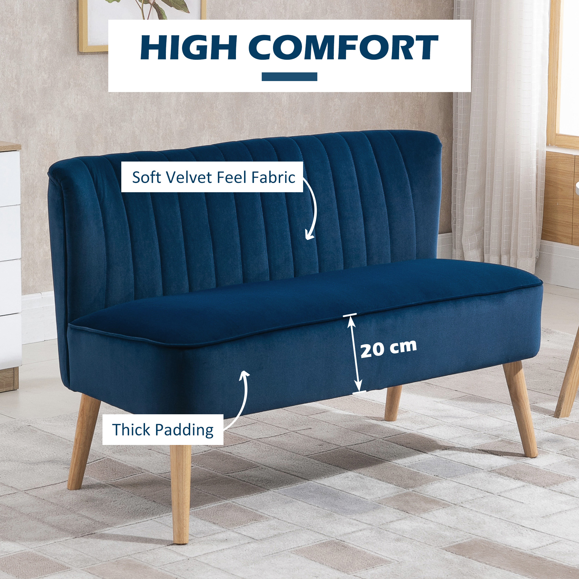 HOMCOM Modern Velvet Double Seat Sofa w/ Wood Frame Foam Padding High Back Soft Comfortable Compact Couch Blue 4