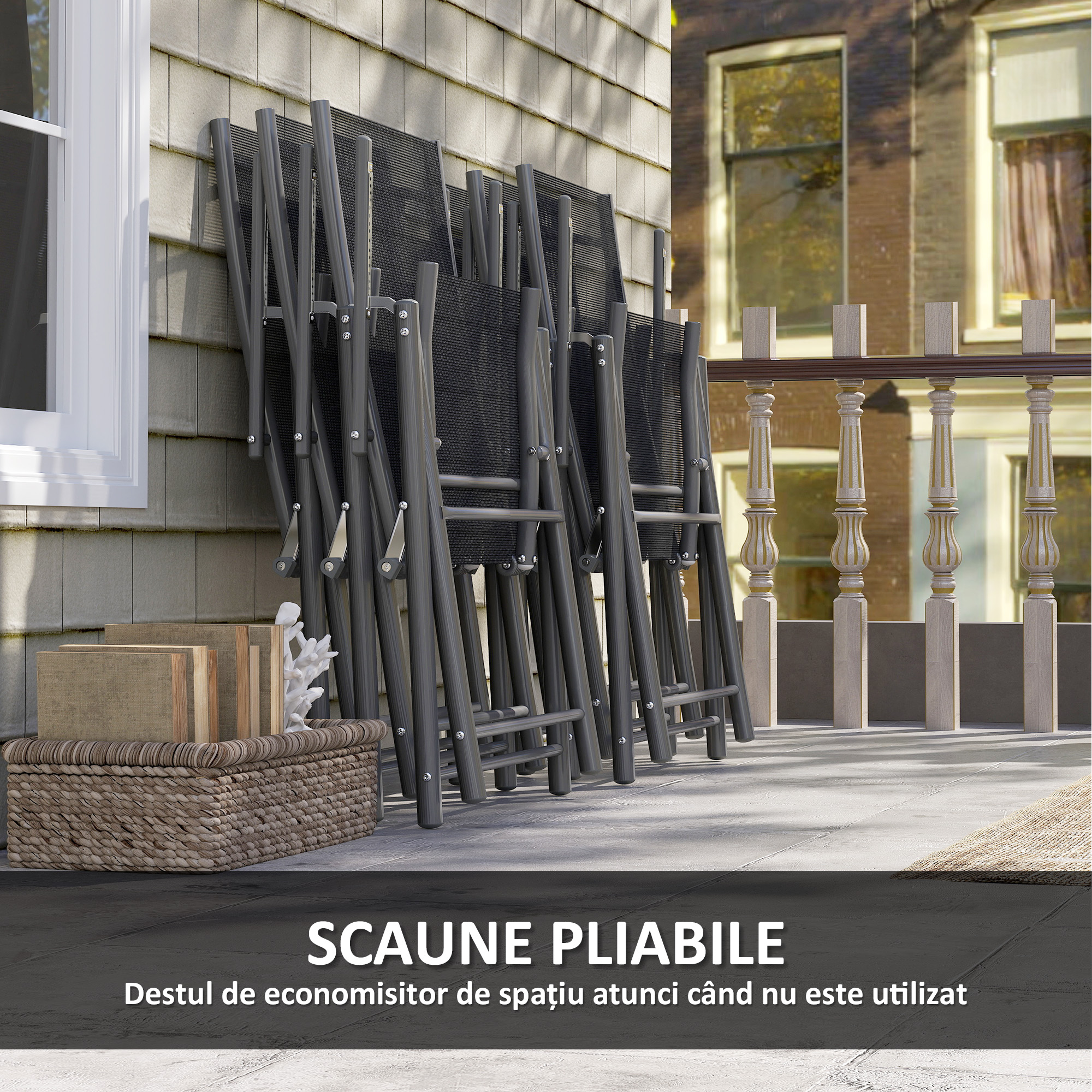  Set de Gradina cu Masa Extensibila din Sticla si 6 Scaune de Exterior Pliabile, Otel si Textilena, Gri [4]