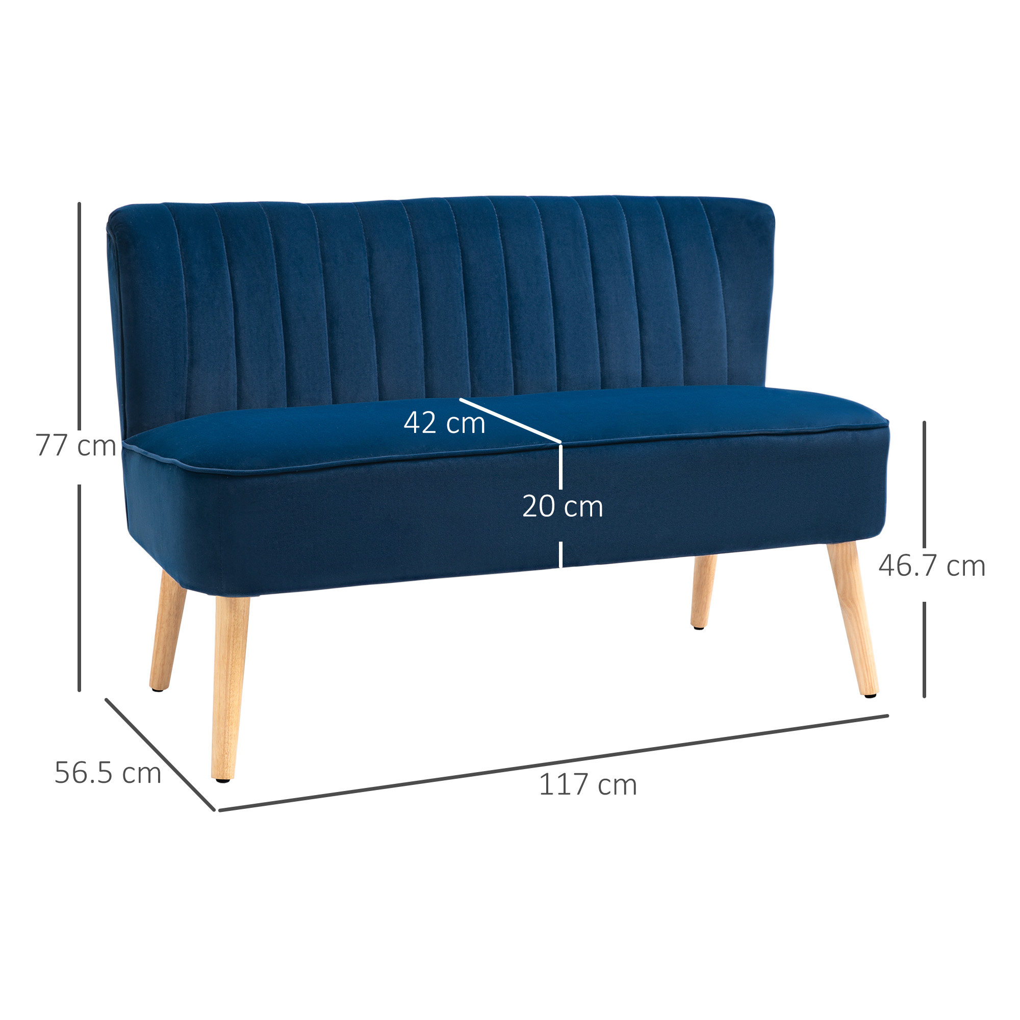 HOMCOM Modern Velvet Double Seat Sofa w/ Wood Frame Foam Padding High Back Soft Comfortable Compact Couch Blue 3