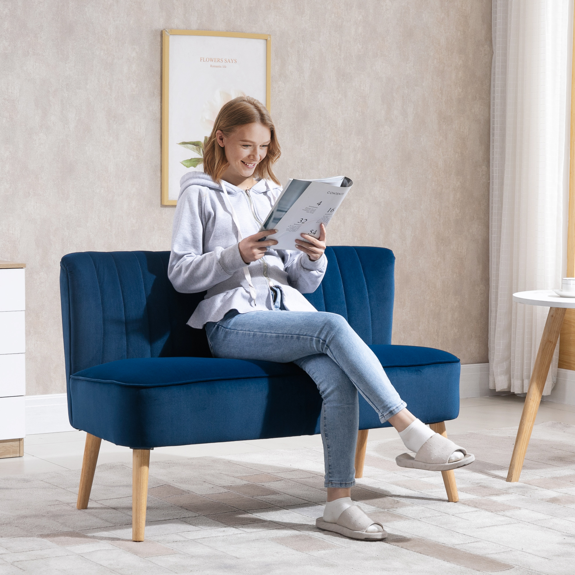 HOMCOM Modern Velvet Double Seat Sofa w/ Wood Frame Foam Padding High Back Soft Comfortable Compact Couch Blue 8