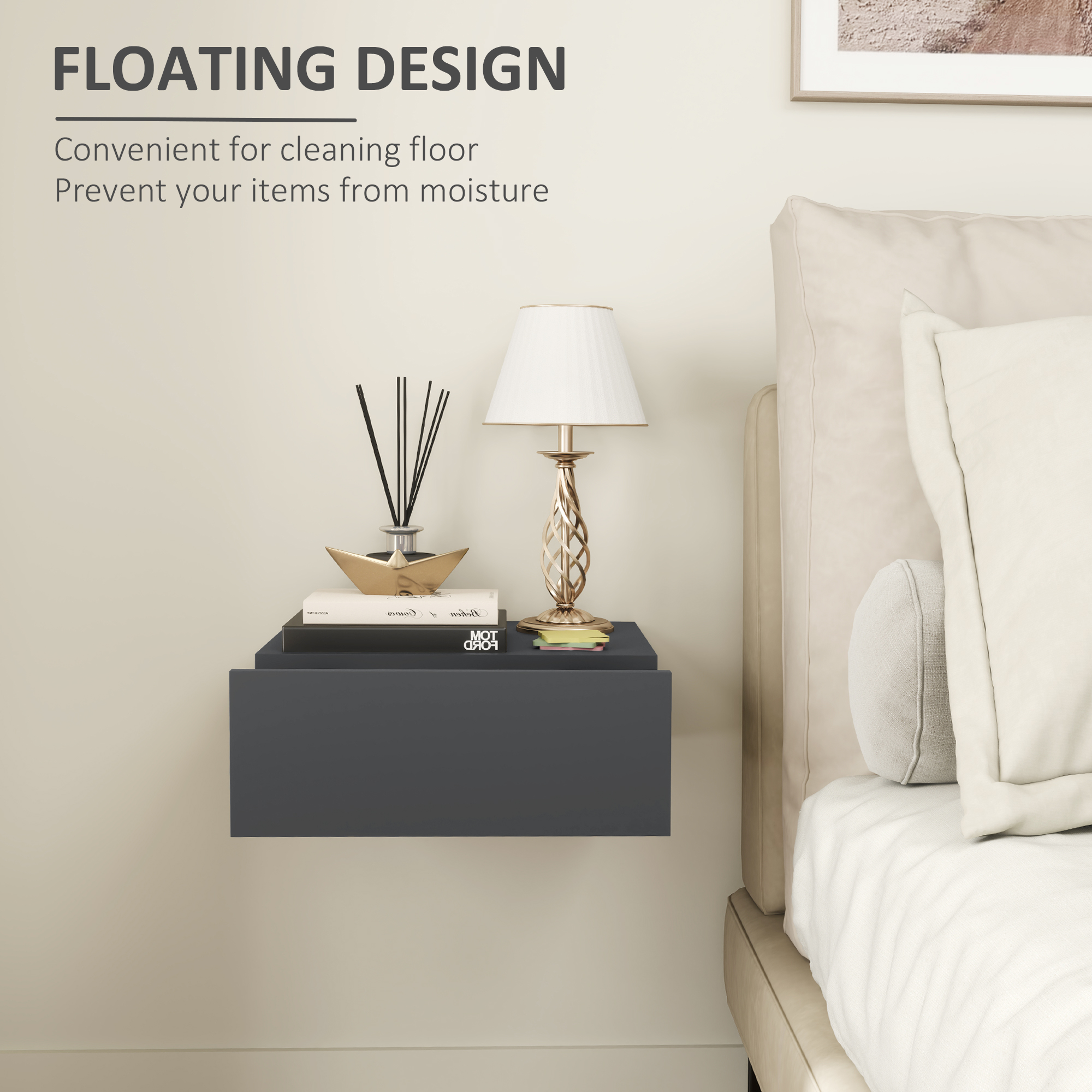  Noptiera Suspendata Moderna cu Sertar, din Lemn, 40x30x15 cm, Negru [3]