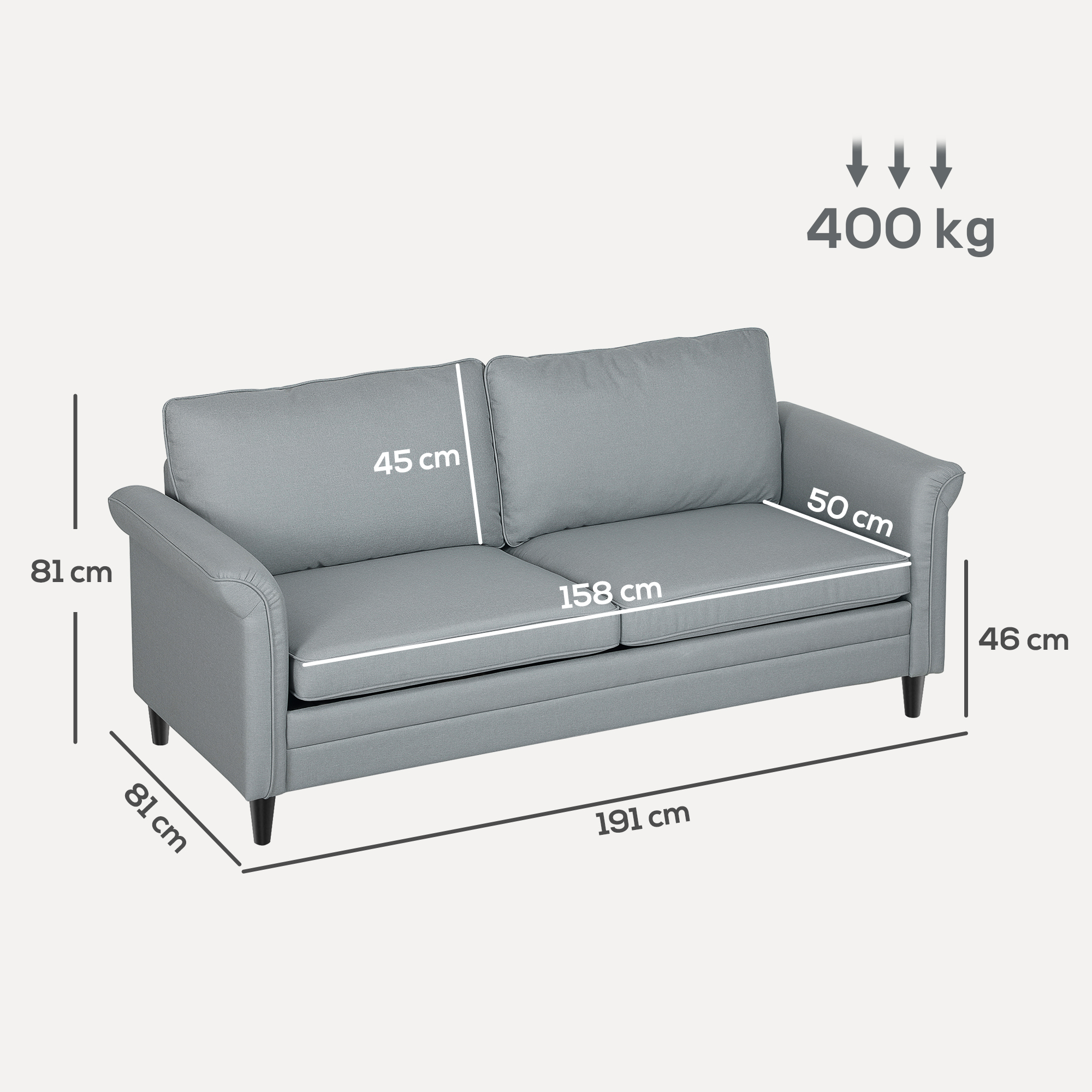 HOMCOM 3 Seater Sofa, Modern Fabric Sofa Couch with Spring Cushion, Rubber Wood Legs, 191cm Upholstered Settee for Living Room, Bedroom, Home Office, Guest Room, Grey 3