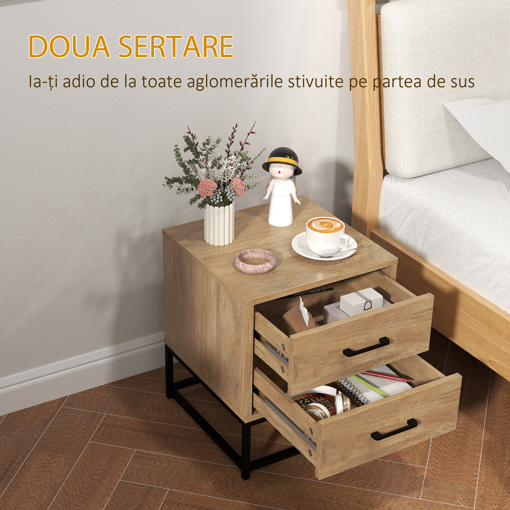  Set de 2 Noptiere cu 2 Sertare din Lemn si Otel, 40x39.5x48 cm, Lemn Natural [4]