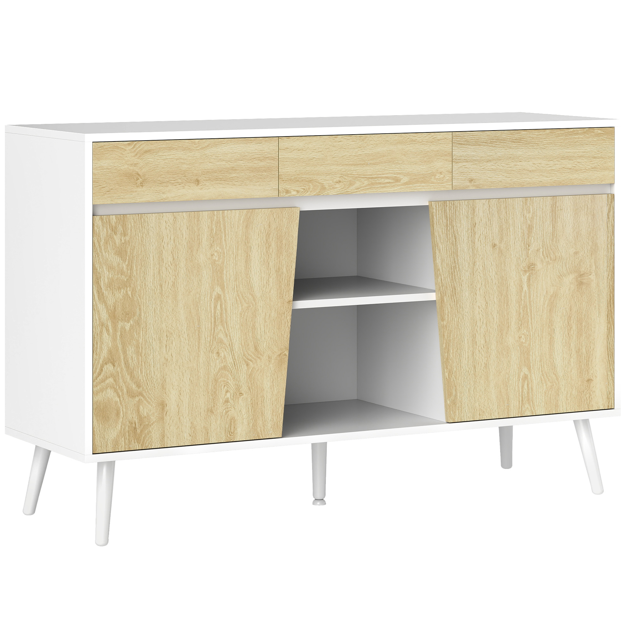 HOMCOM Aparador de Cocina Moderno con Cajones Estantes Abiertos y Almacenaje Ajustable Para Sala Comedor 120x39x77 cm Blanco y Natural | Aosom España