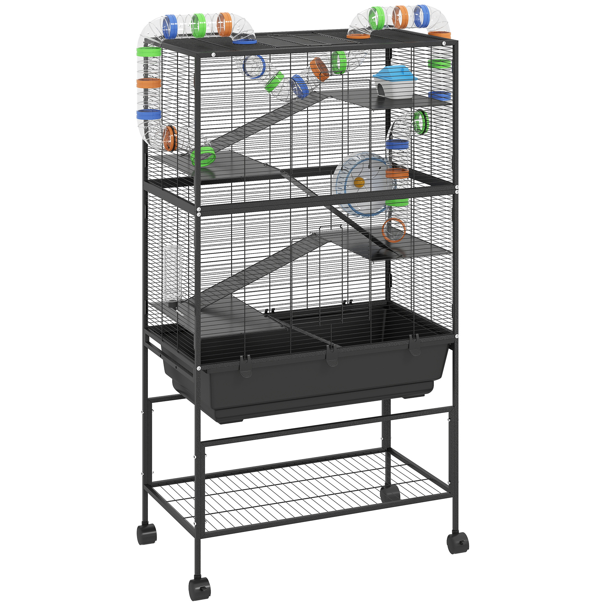 PawHut 3 Tier Large Hamster Cage on Wheels with 17 cm Deep Tray, Storage Shelf for Syrian, Gerbil, Rats