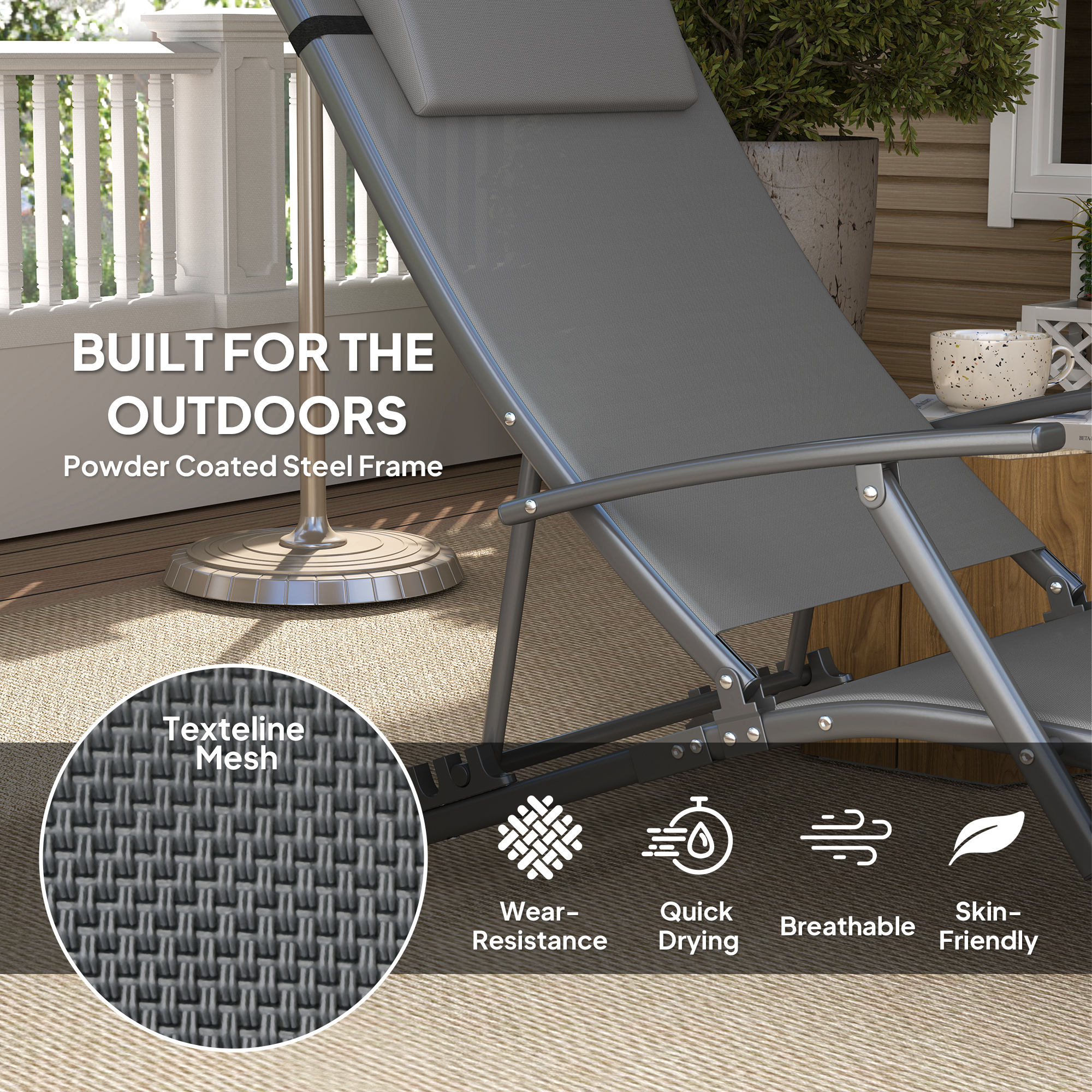  Set de 2 sezlonguri Pliante, Ajustabile in 4 Pozitii cu Cotiere si Perne, 64x154x87 cm, Gri [4]