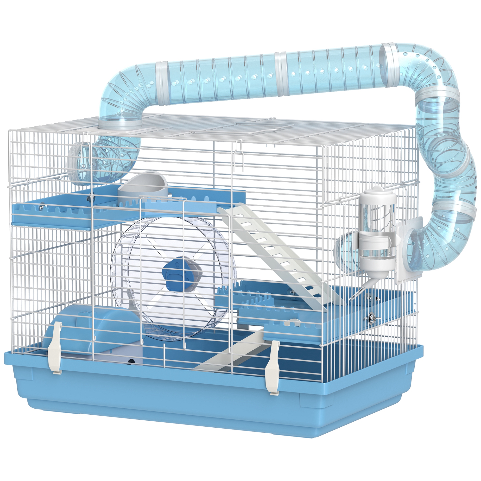 PawHut Cage pour hamster portable avec cabane, roue de course, gamelle, bouteille d’eau, 47,5 x 31,5 x 29,5 cm, bleu clair