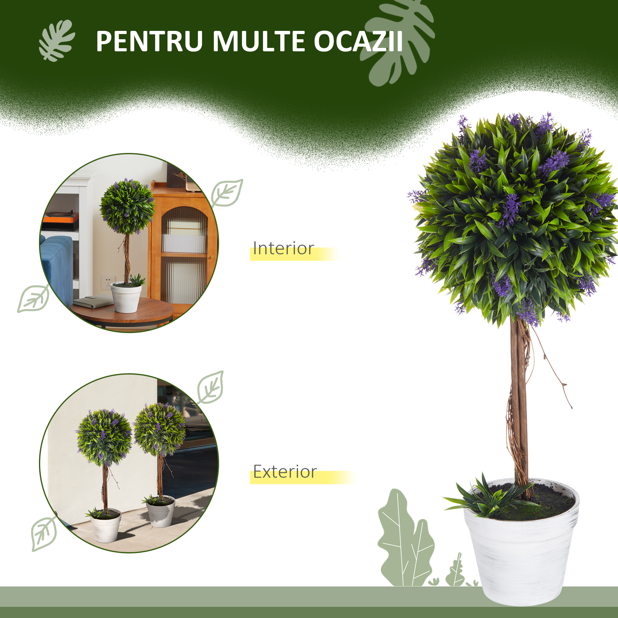 Set 2 Plante Artificiale Sferice cu Flori de Lavanda şi Vas, Ø24x60 cm, Verde [4]