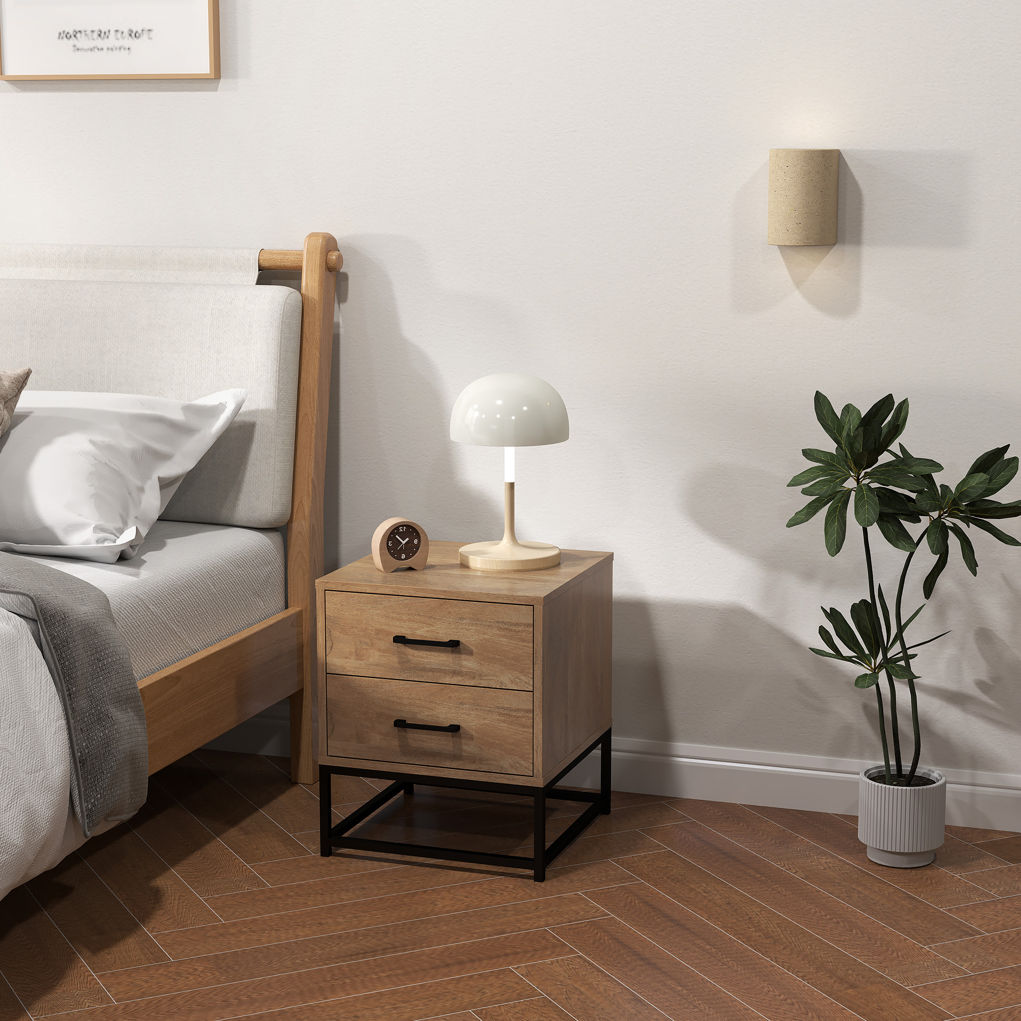  Set de 2 Noptiere cu 2 Sertare din Lemn si Otel, 40x39.5x48 cm, Lemn Natural [6]